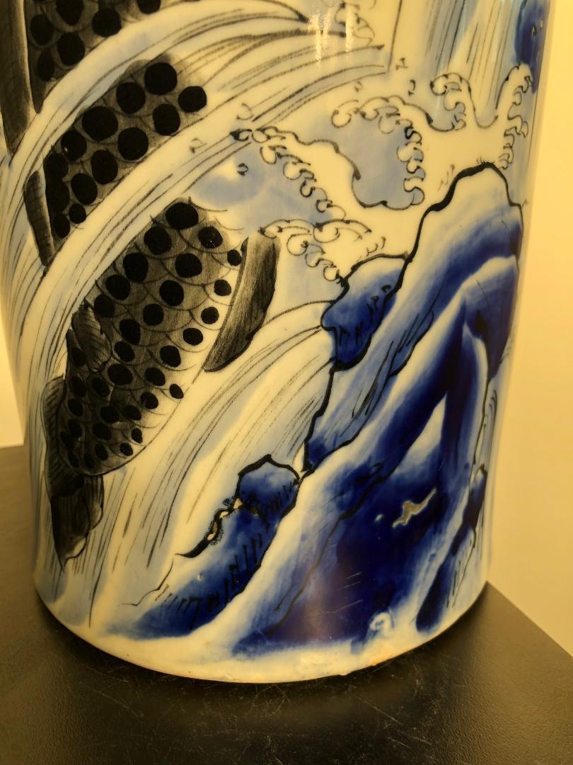 Ceramic Japanese Big Antique Koi & Waves Hand Painted Vase