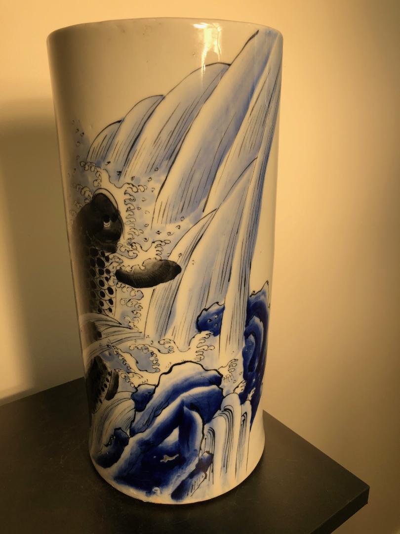Japanese Big Antique Koi & Waves Hand Painted Vase 1