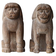 Japanese Antique 'KOMAINU' Shrine Guardian Dog Statues 1600s-1700s / Wabisabi 