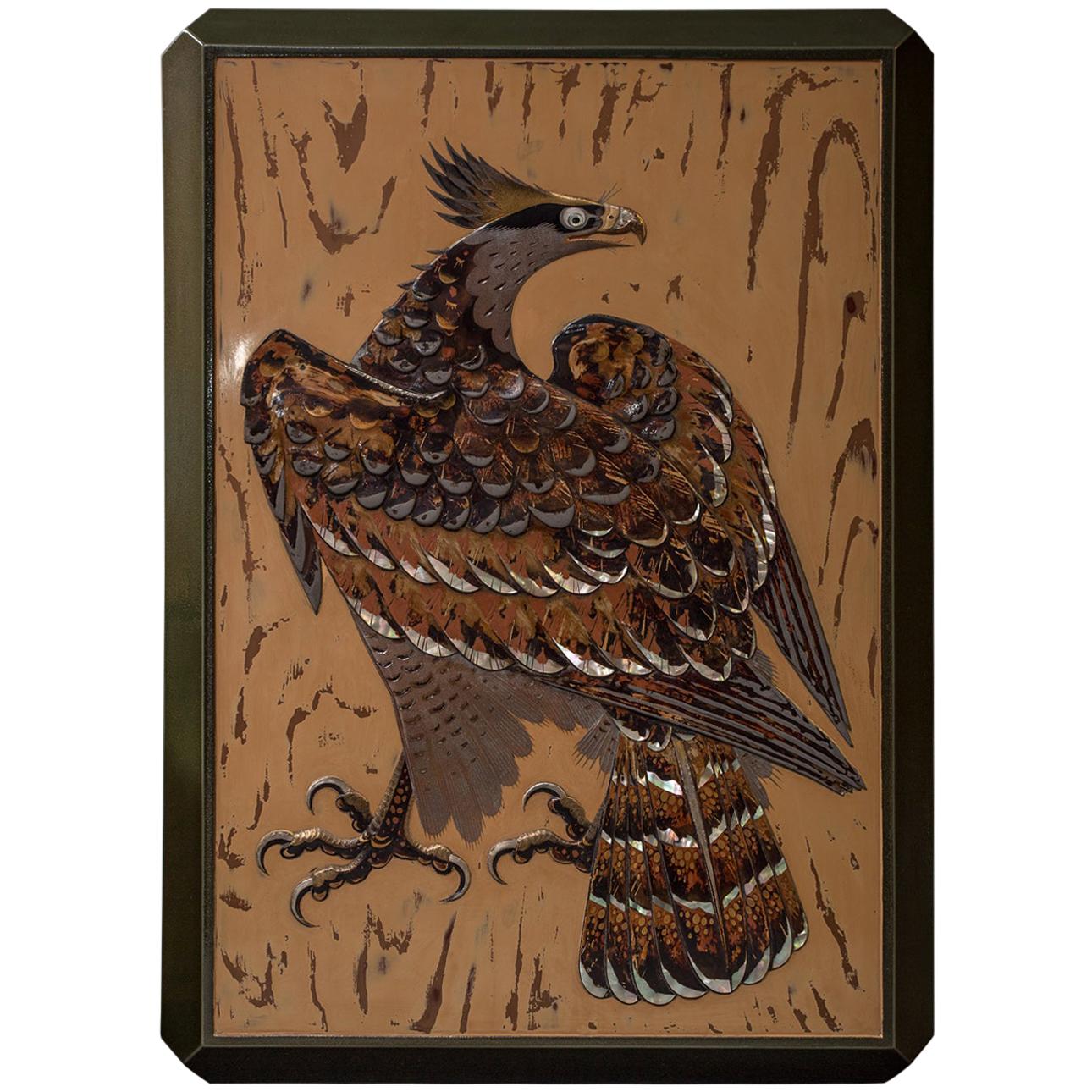 Japanese Antique Lacquer Document Box with Elaborate Hawk and Faux Oak Grain For Sale