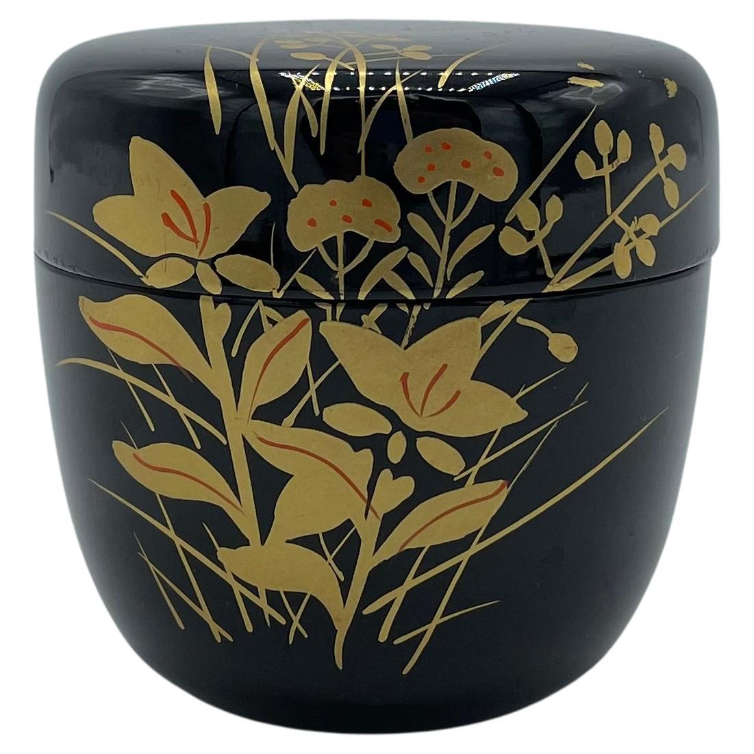 Natsume de laca japonesa antigua (caja para polvo de matcha) Flores de otoño Años 80