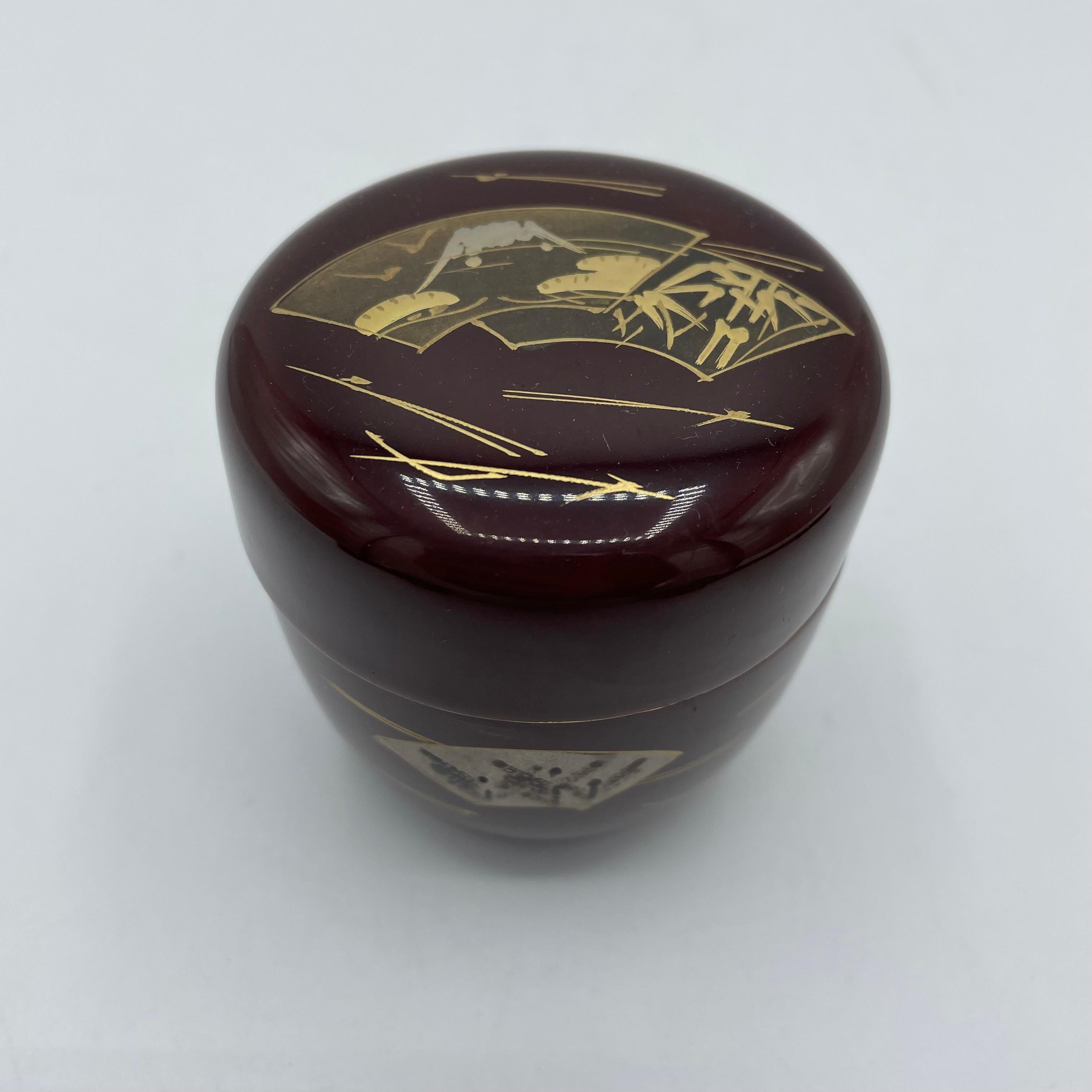Showa Japanese Antique Lacquer Natsume (box for matcha powder) Mt.Fuji and Fans 1980s