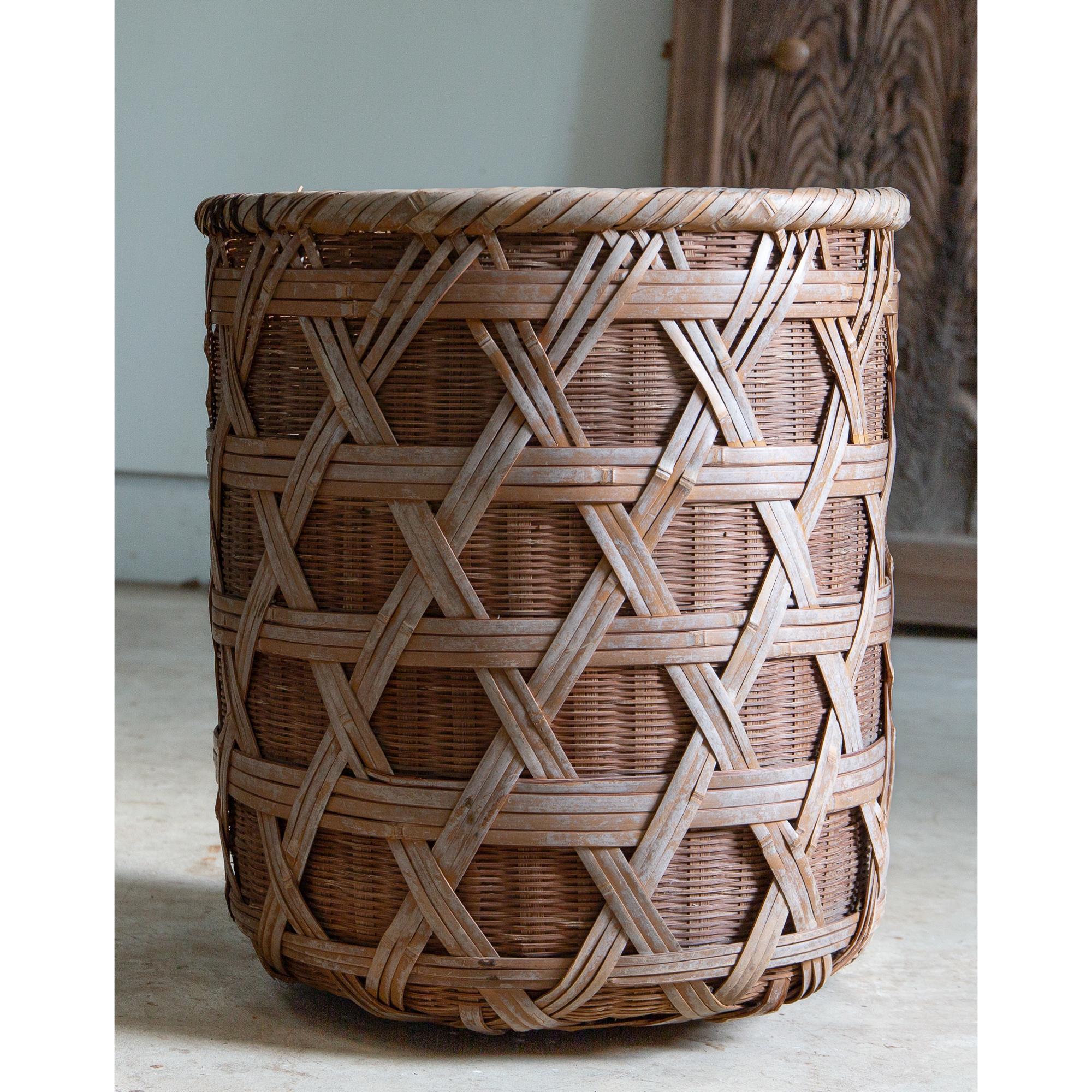 Japanese antique large bamboo double layered basket - wabi sabi primitive decor For Sale 3