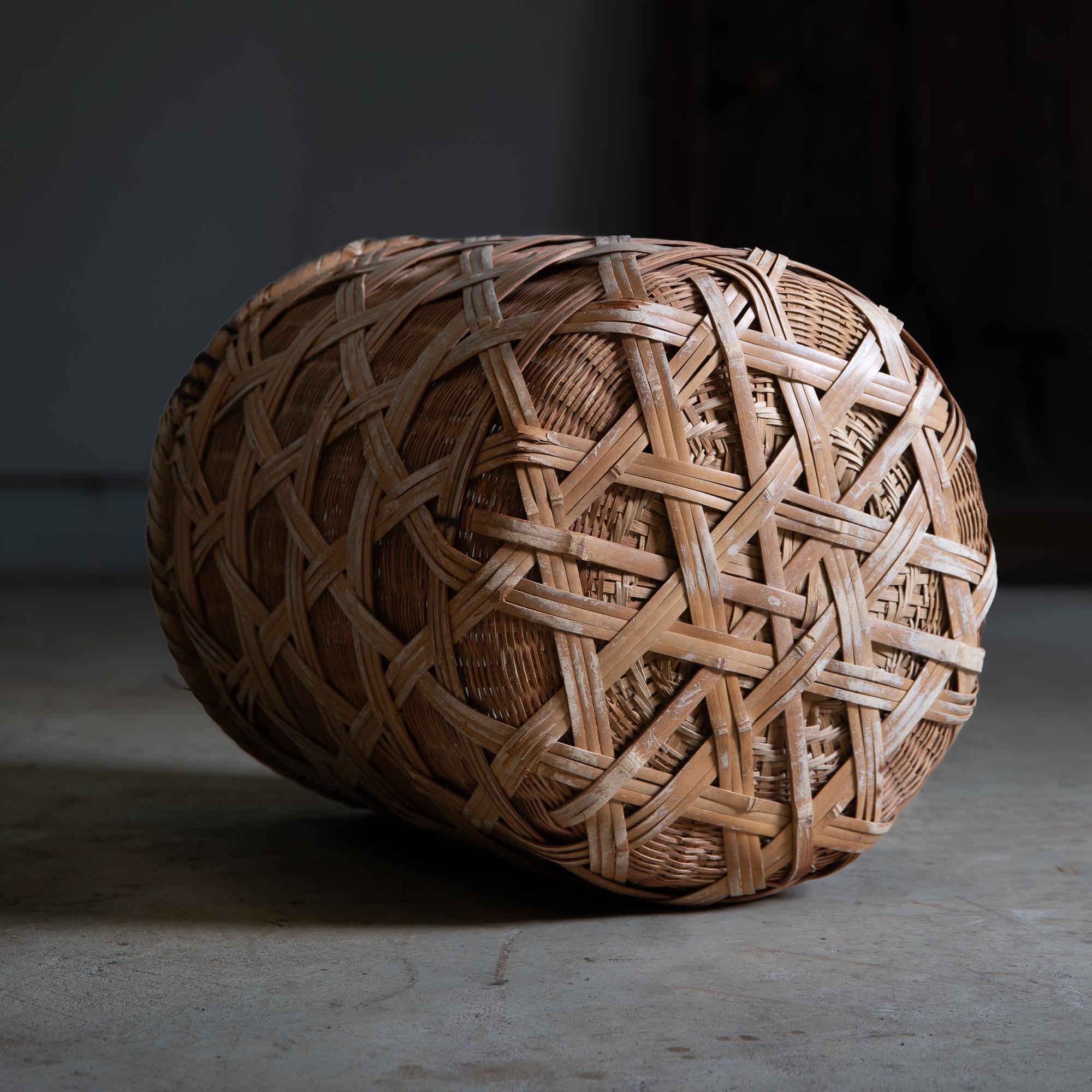 Showa Japanese antique large bamboo double layered basket - wabi sabi primitive decor For Sale