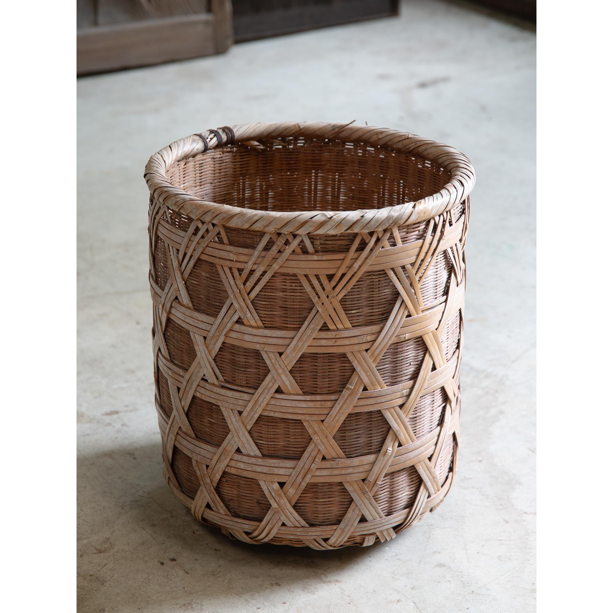 20th Century Japanese antique large bamboo double layered basket - wabi sabi primitive decor For Sale