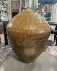 Japanese Antique Large Edo Shigaraki Ash Glaze Wabi-Sabi Pottery Tsubo Jar Vase