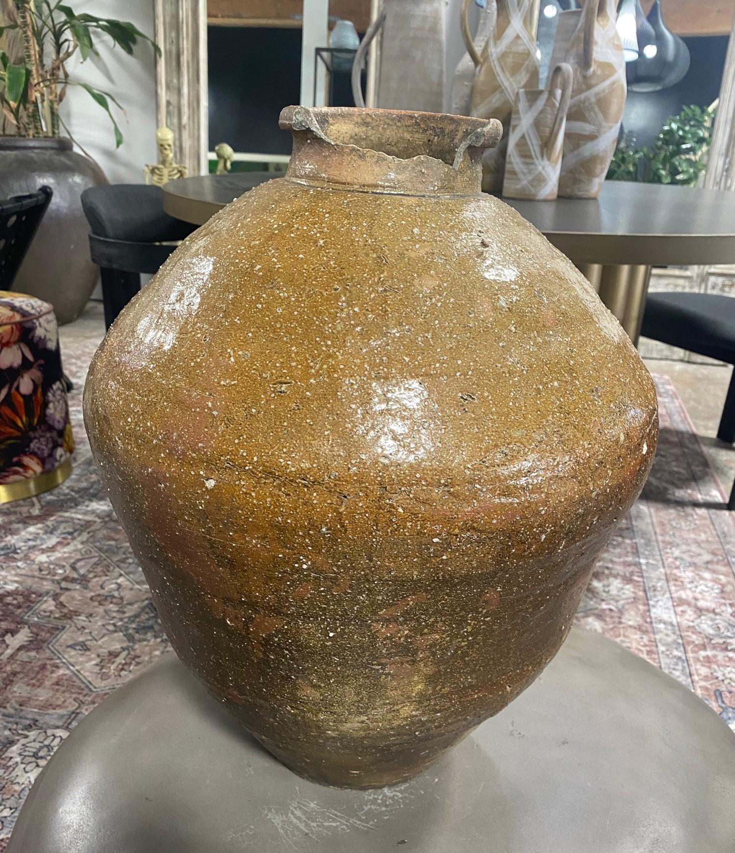 Glazed Japanese Antique Large Edo Shigaraki Ash Glaze Wabi-Sabi Pottery Tsubo Jar Vase