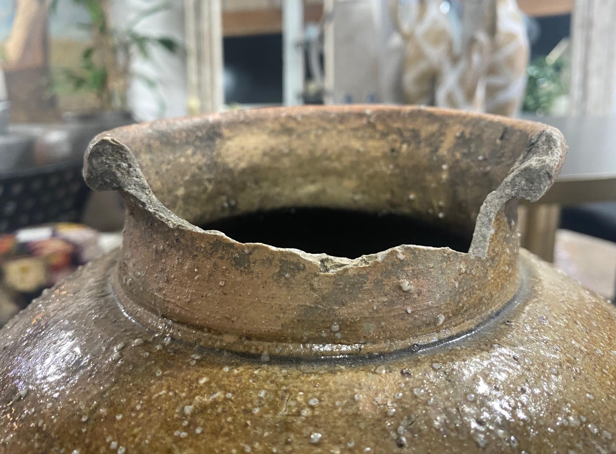 19th Century Japanese Antique Large Edo Shigaraki Ash Glaze Wabi-Sabi Pottery Tsubo Jar Vase 