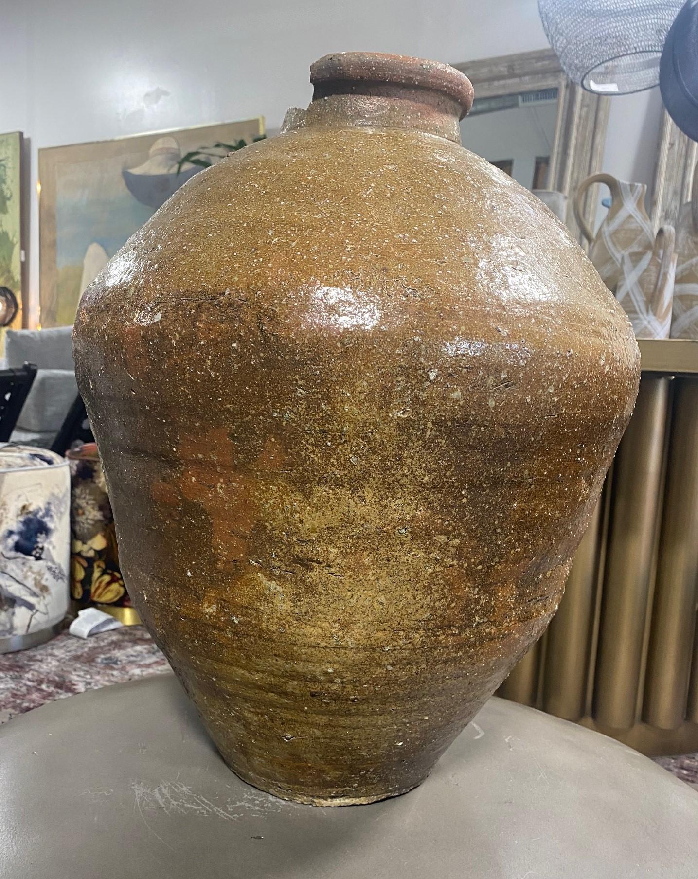 Japanese Antique Large Edo Shigaraki Ash Glaze Wabi-Sabi Pottery Tsubo Jar Vase  3