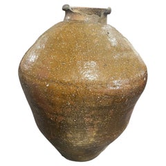 Japanese Antique Large Edo Shigaraki Ash Glaze Wabi-Sabi Pottery Tsubo Jar Vase