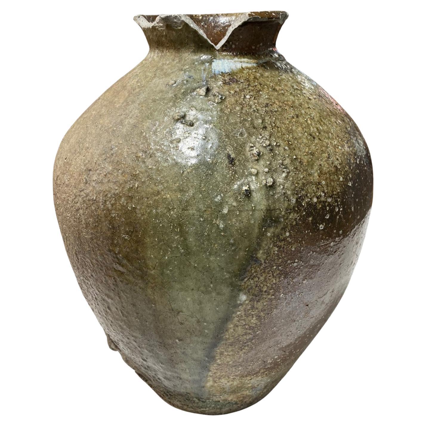 Grand vase Tsubo japonais ancien en poterie d'art Edo Wabi-Sabi Shigaraki