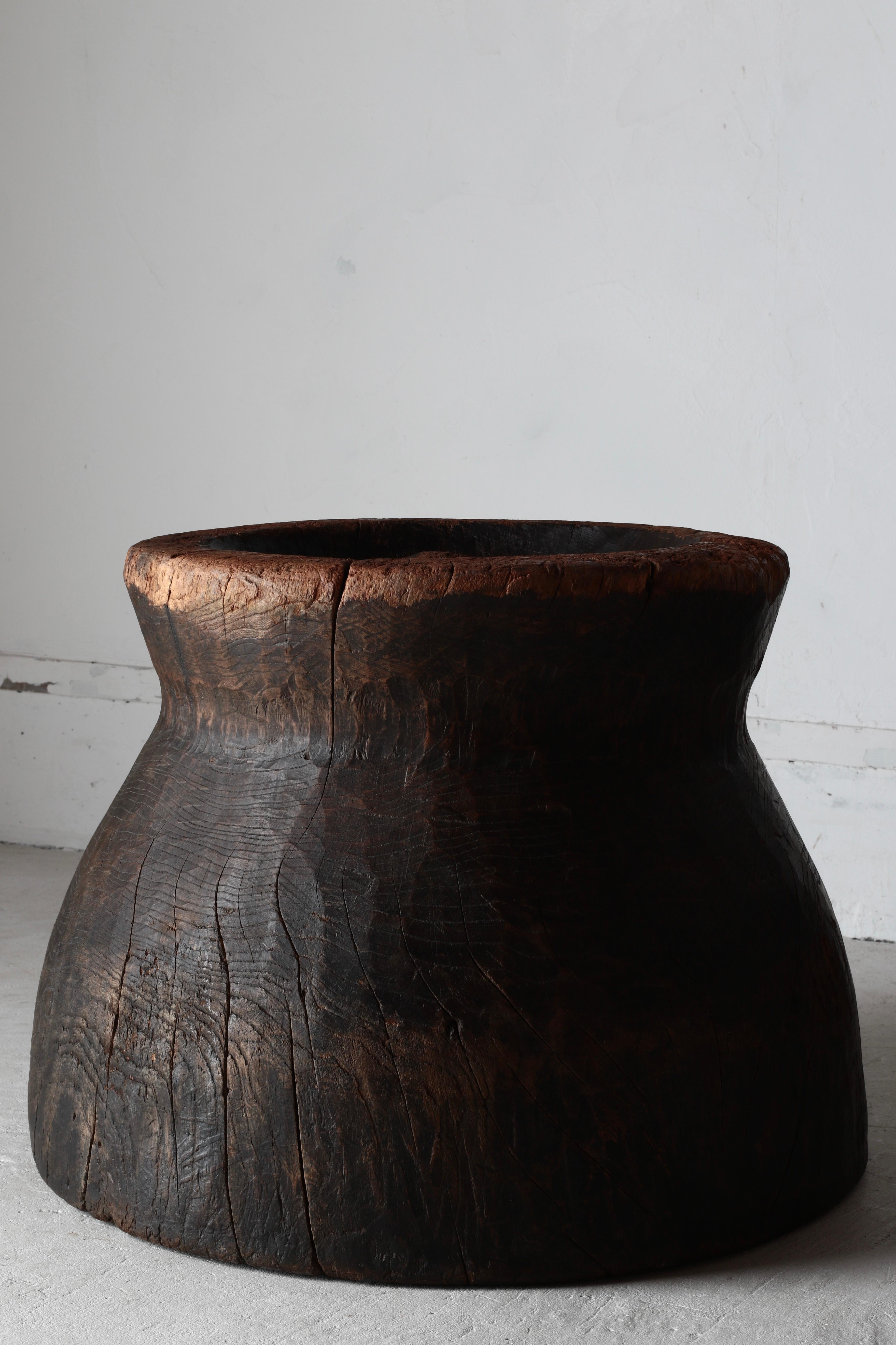 Japanese Antique Large Wooden Mortar / Flowerpot / Wabi-sabi 9
