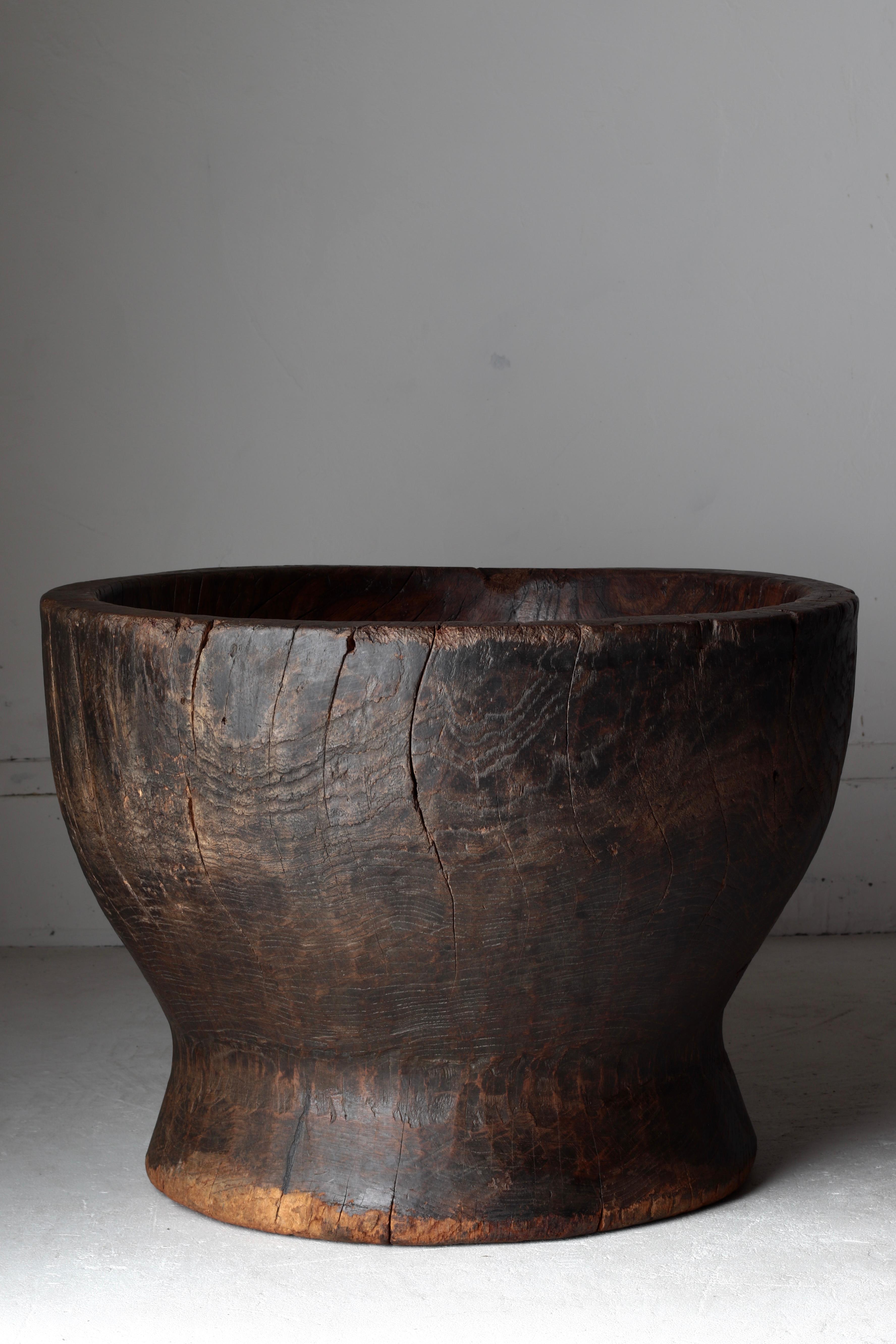 Japanese Antique Large Wooden Mortar / Flowerpot / Wabi-sabi 11