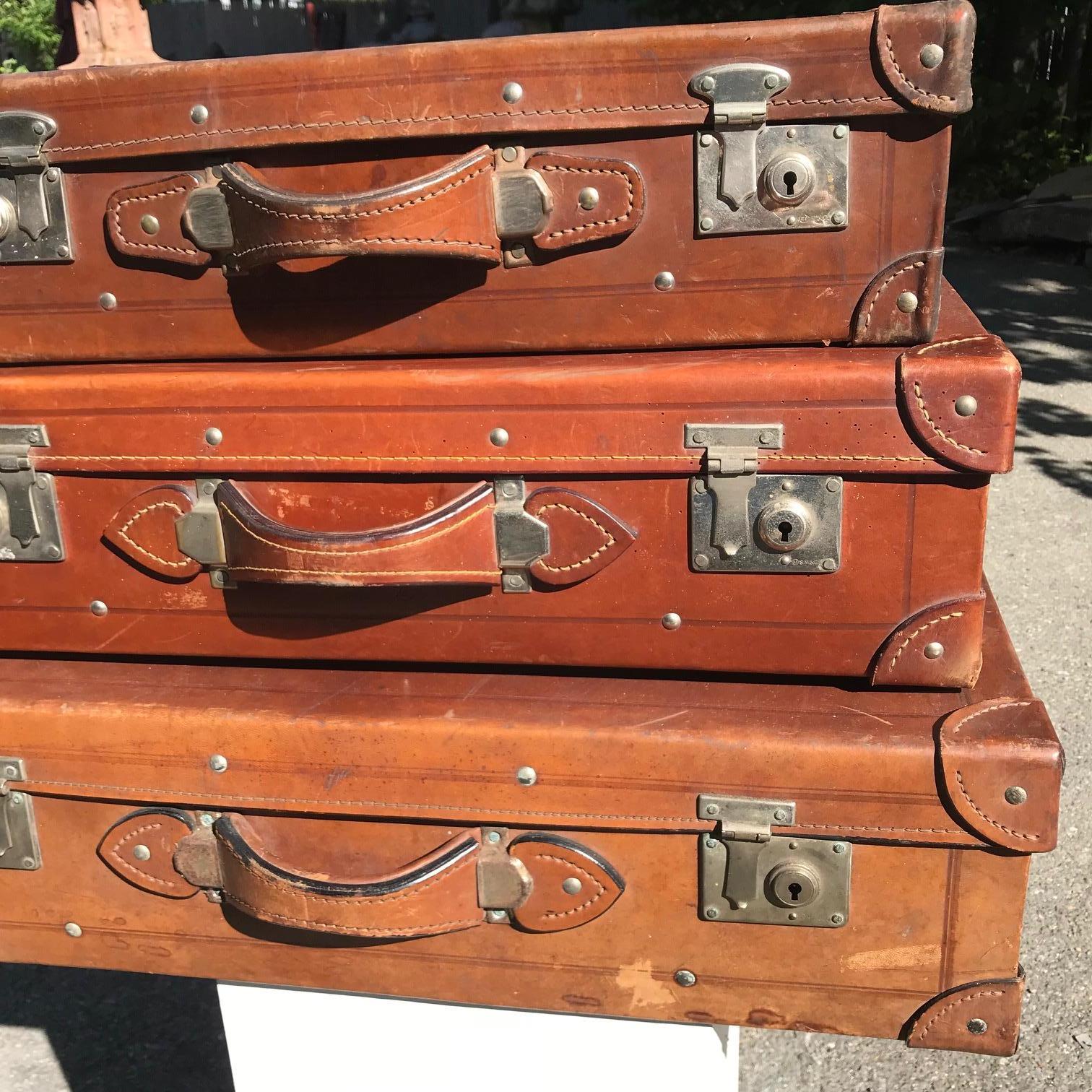 Hand-Crafted Japanese Antique Leather Travel Luggage Trio, 1920s