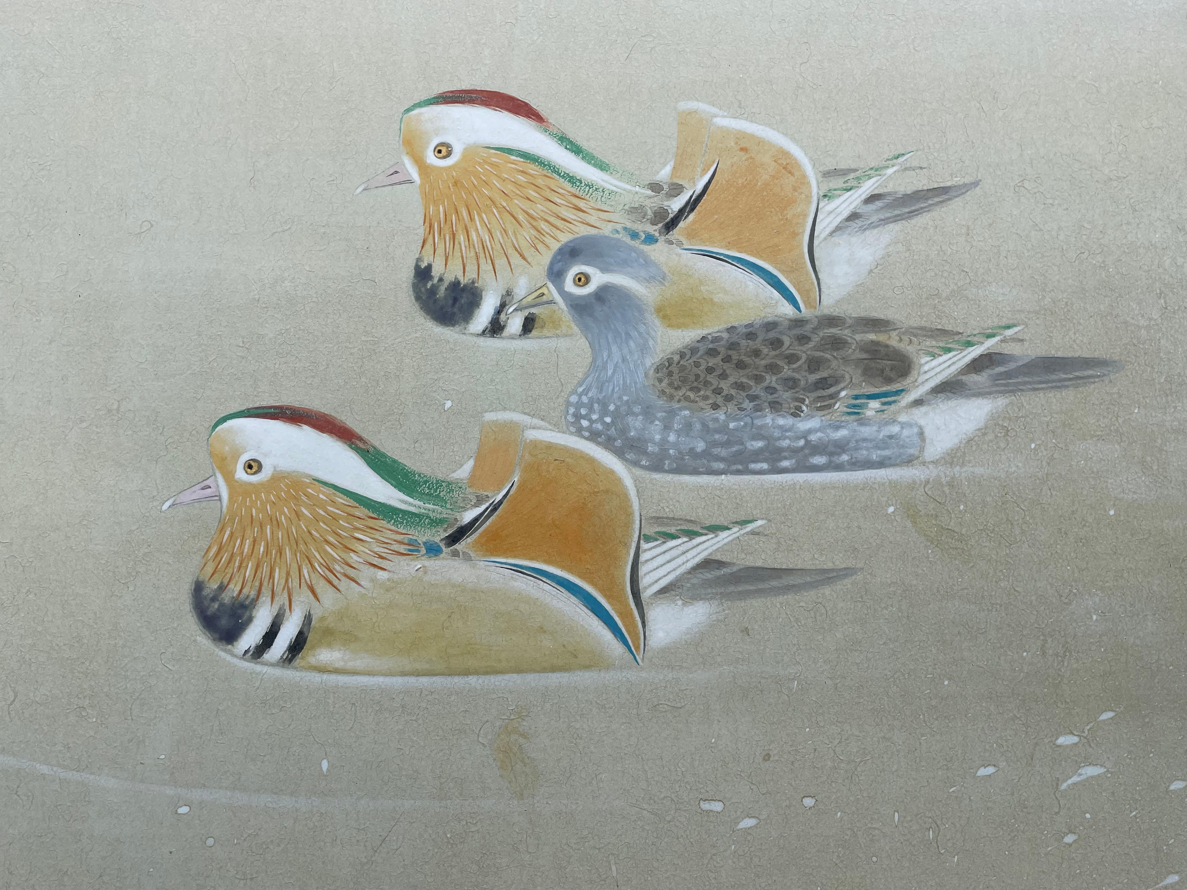 Japanese Antique Mandarin Wood Ducks Hand Painted 2 Panel Screen 1