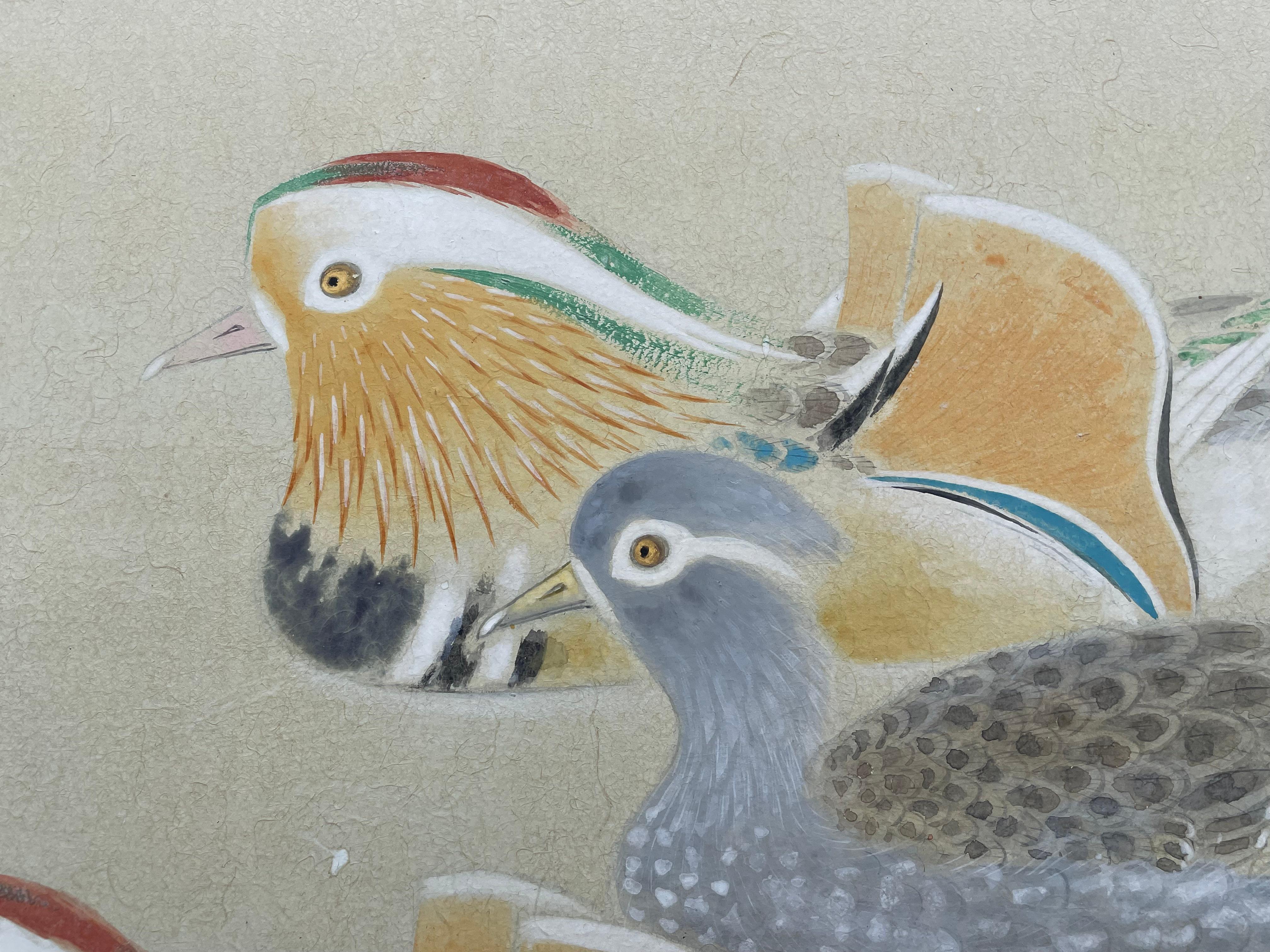 Japanese Antique Mandarin Wood Ducks Hand Painted 2 Panel Screen 2