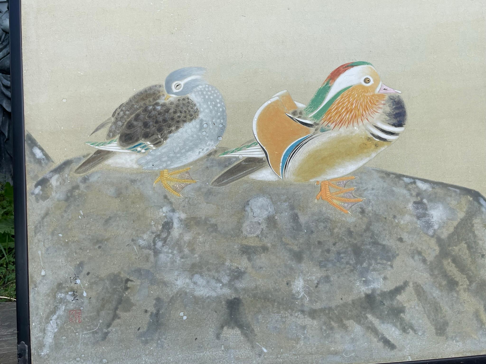 Japanese Antique Mandarin Wood Ducks Hand Painted 2 Panel Screen 4