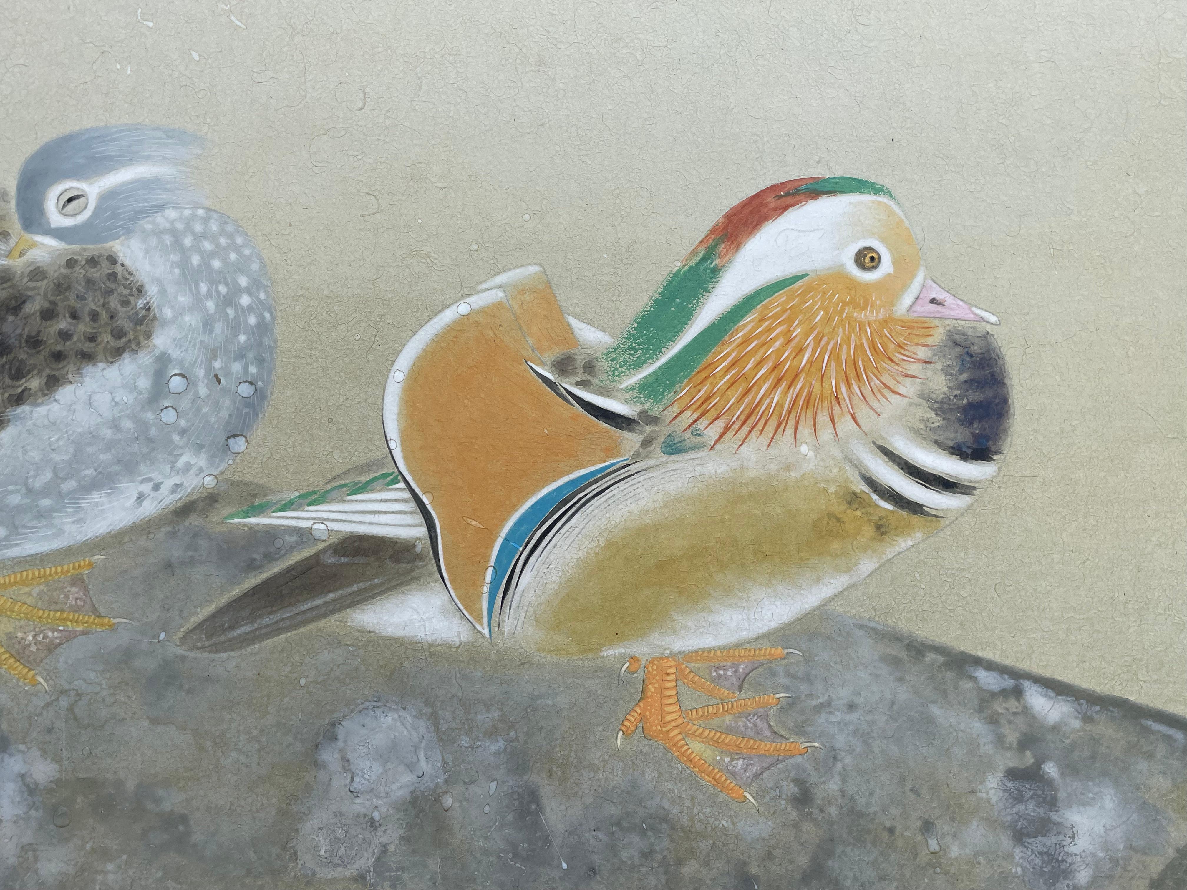 Japanese Antique Mandarin Wood Ducks Hand Painted 2 Panel Screen 5