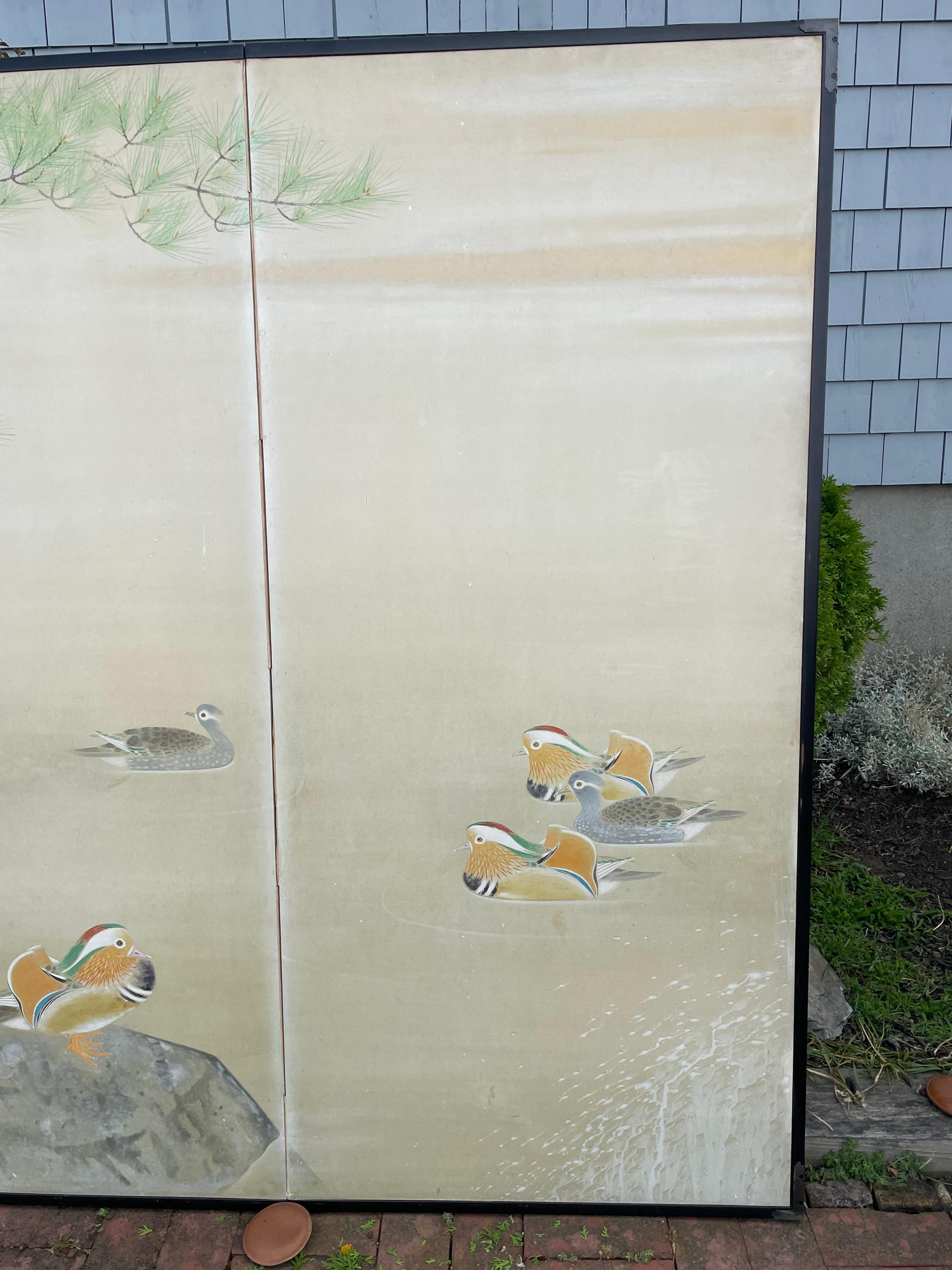 Taisho Japanese Antique Mandarin Wood Ducks Hand Painted 2 Panel Screen