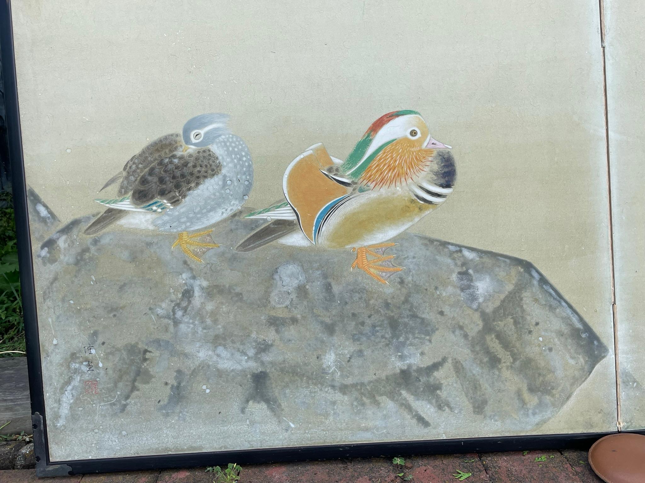 Lacquered Japanese Antique Mandarin Wood Ducks Hand Painted 2 Panel Screen