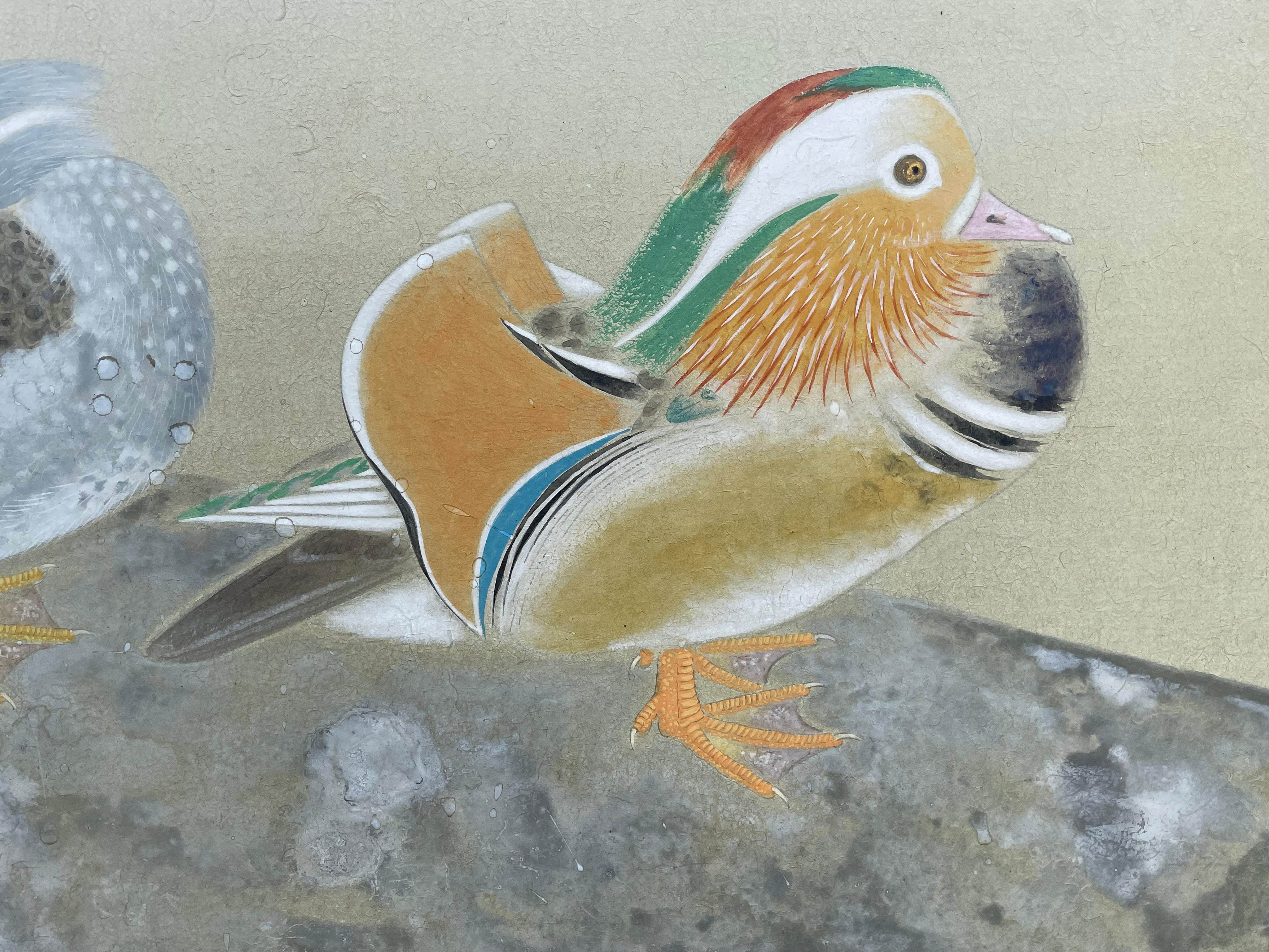 Japanese Antique Mandarin Wood Ducks Hand Painted 2 Panel Screen In Good Condition In South Burlington, VT