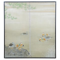 Japanese Antique Mandarin Wood Ducks Hand Painted 2 Panel Screen