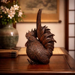 Japanese Antique Meiji Period Bronze Sculpture Okimono of a Rooster