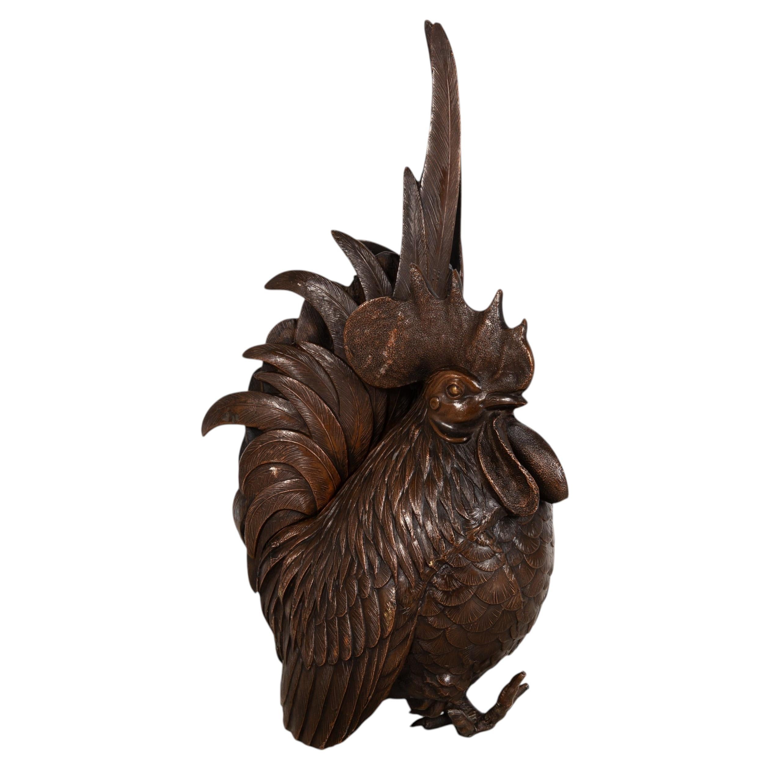 Scultura in bronzo giapponese antica del periodo Meiji Okimono di un gallo