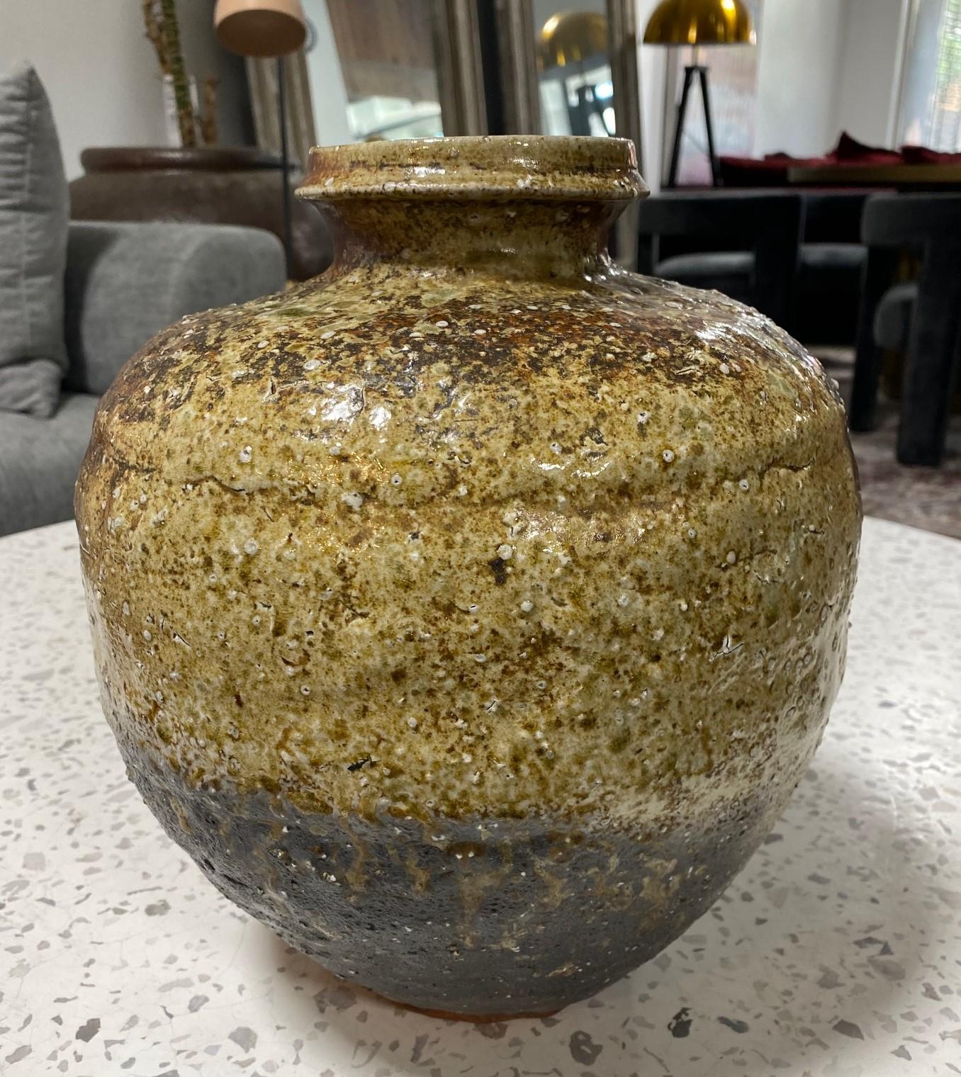 Glazed Japanese Antique Meiji Wabi-Sabi Shigaraki Ware Art Pottery Jar Tsubo Pot Vase