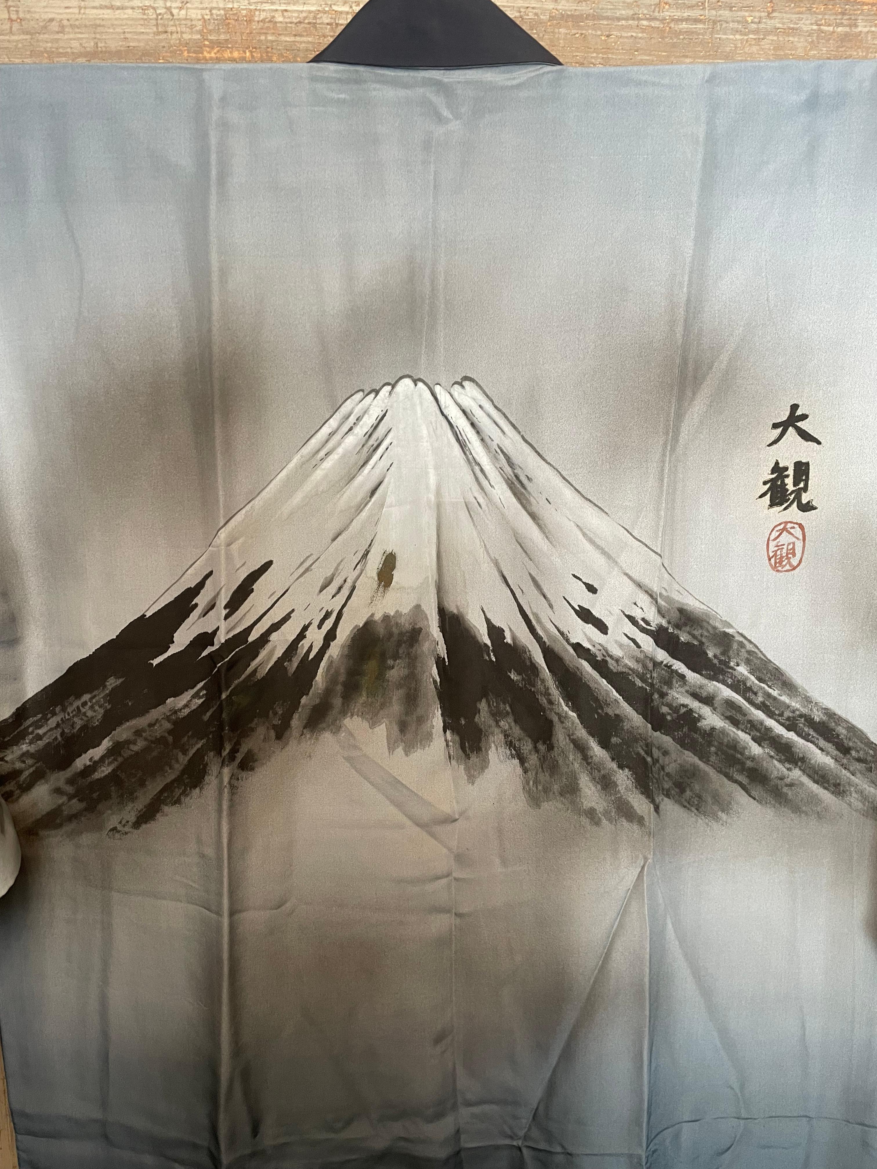 Kimono japonés antiguo de hombre azul FUJI Daikan Yokoyama años 80 Showa en venta