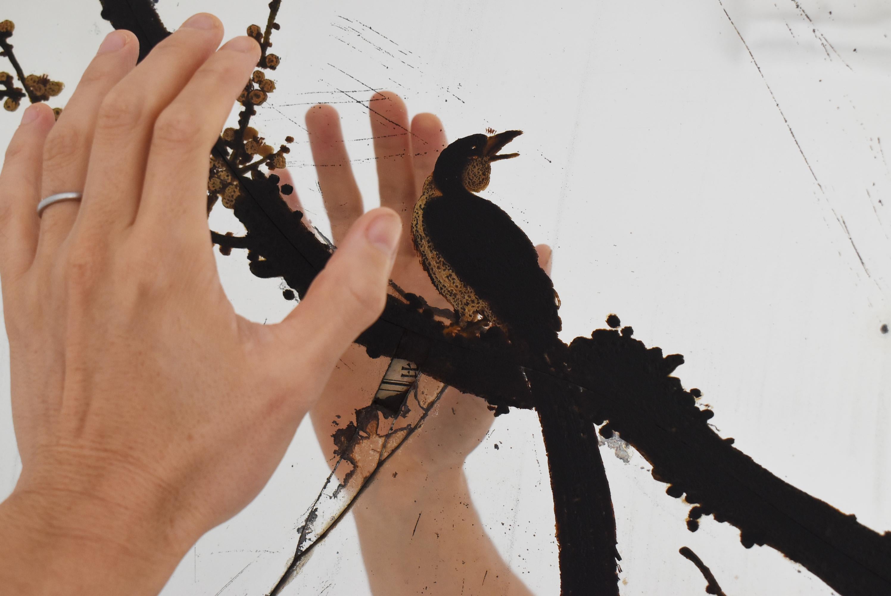 Meiji Japanese Antique Mirror Depicting Birds, Plum Blossoms, and Peonies 1860s-1900s For Sale