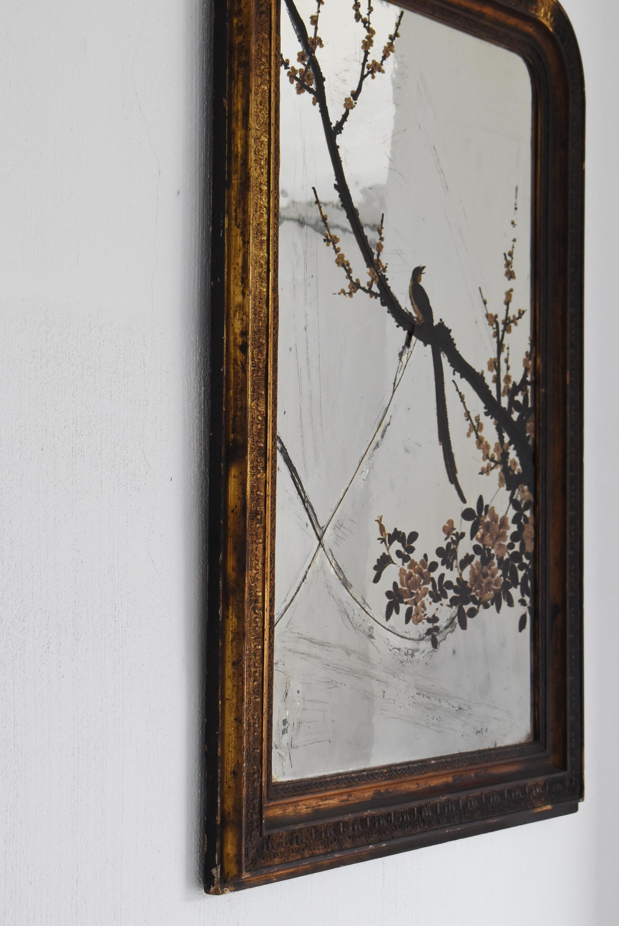Enameled Japanese Antique Mirror Depicting Birds, Plum Blossoms, and Peonies 1860s-1900s For Sale