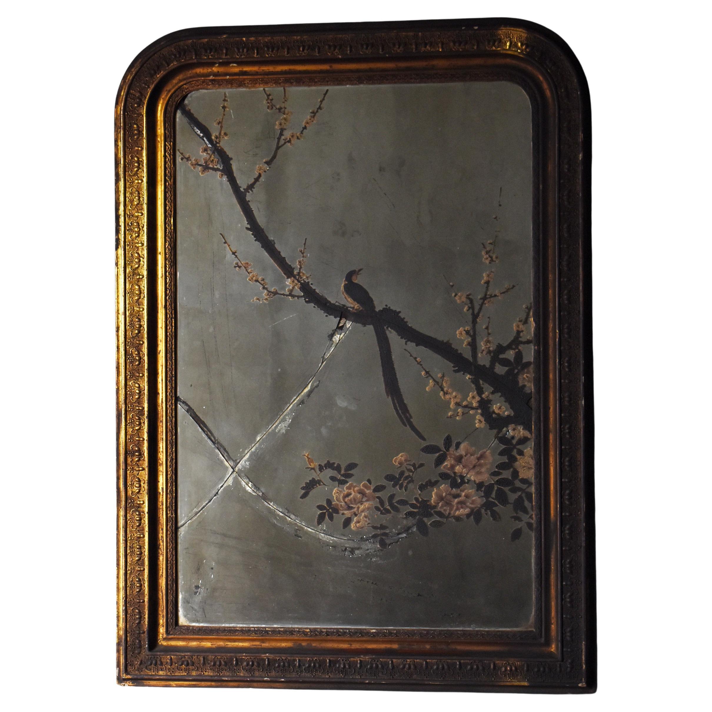 Japanese Antique Mirror Depicting Birds, Plum Blossoms, and Peonies 1860s-1900s For Sale