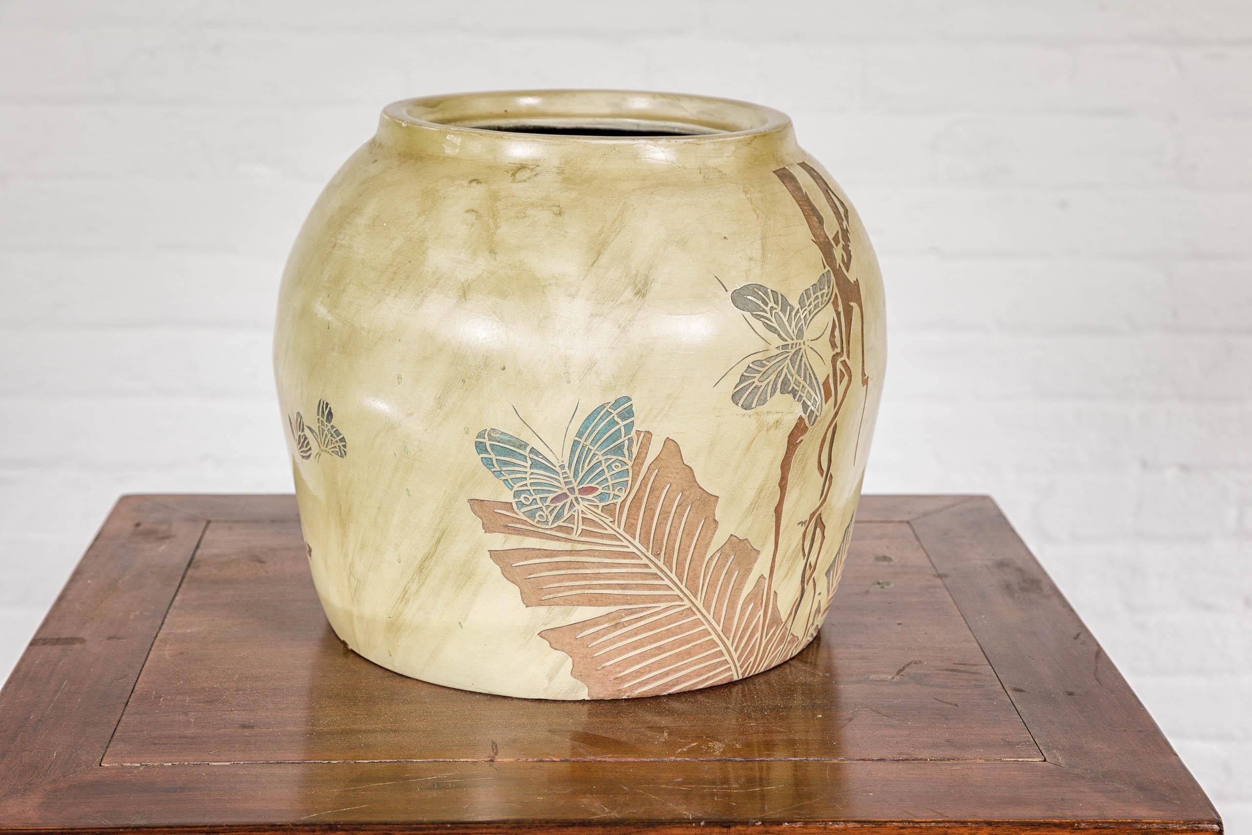 Japanese Antique Mustard Glaze Ceramic Planter with Incised Butterfly Decor For Sale 6