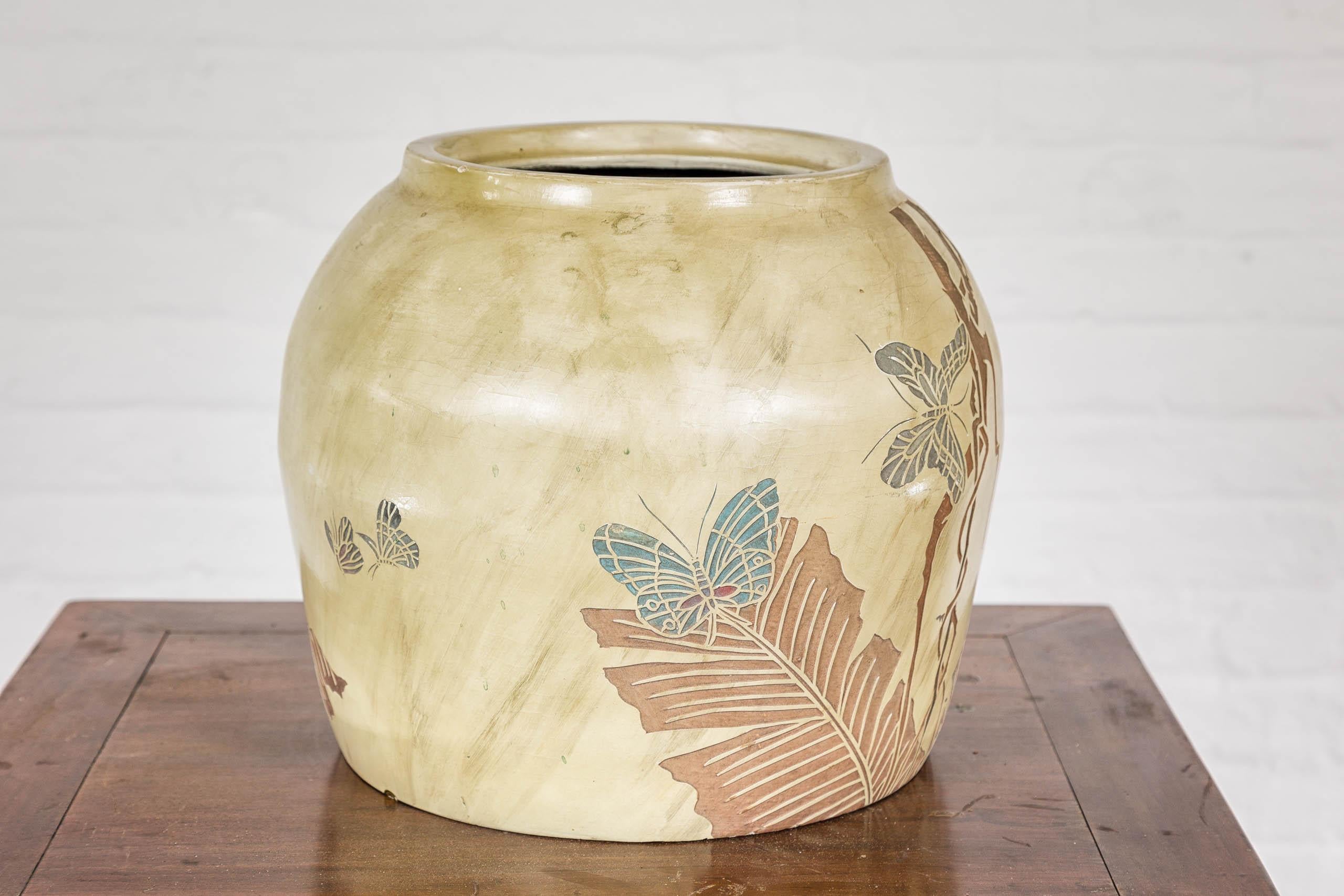 Japanese Antique Mustard Glaze Ceramic Planter with Incised Butterfly Decor For Sale 7