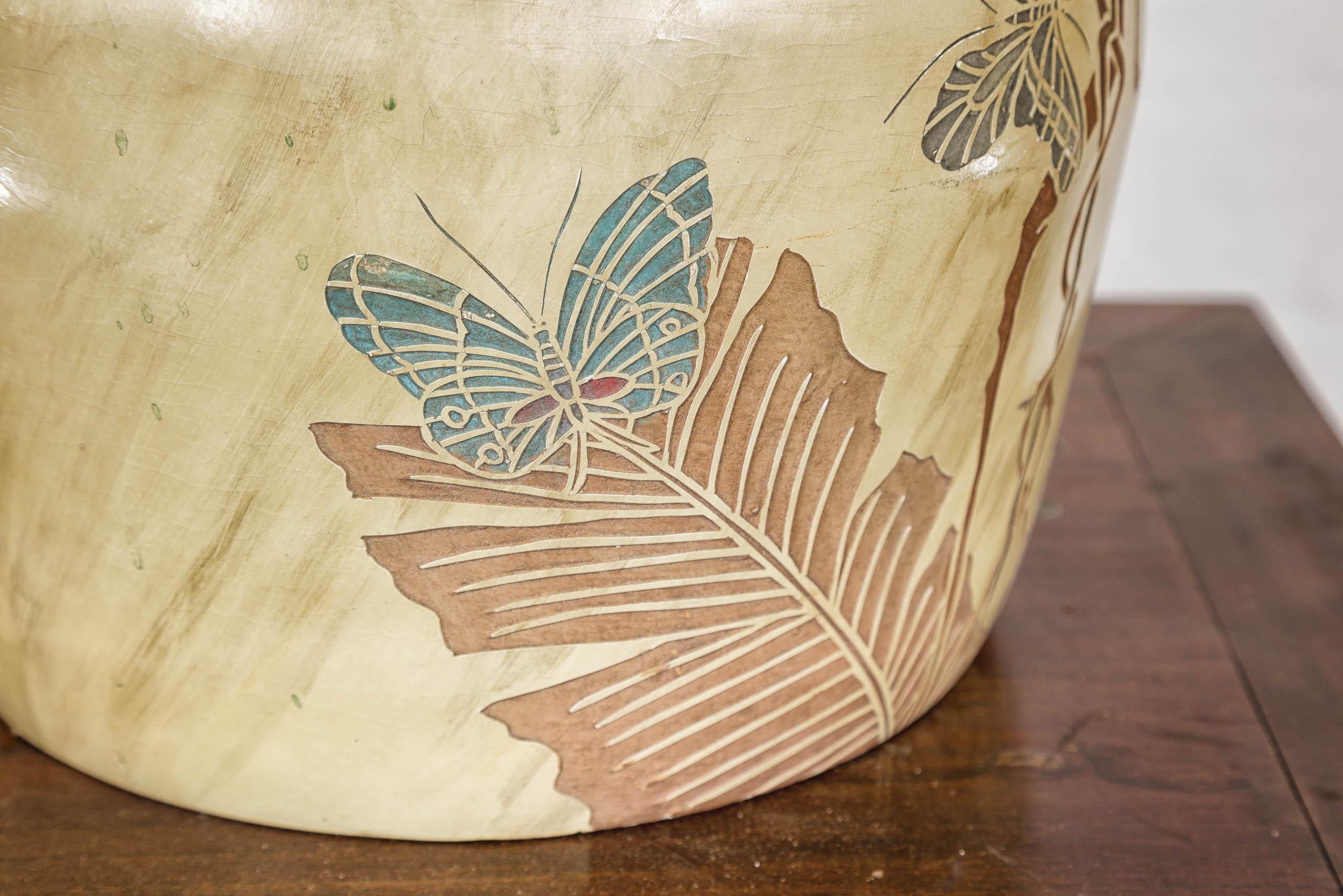 Japanese Antique Mustard Glaze Ceramic Planter with Incised Butterfly Decor For Sale 8
