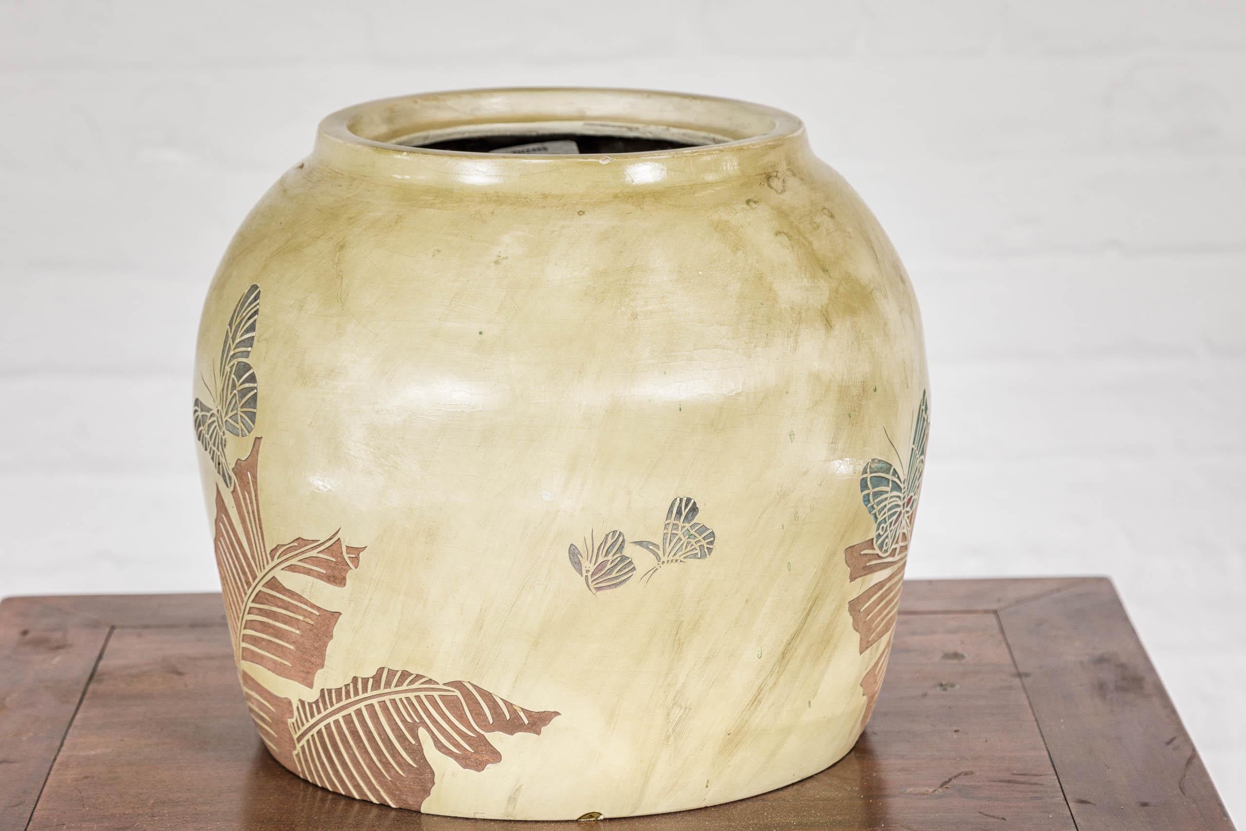 Japanese Antique Mustard Glaze Ceramic Planter with Incised Butterfly Decor For Sale 9