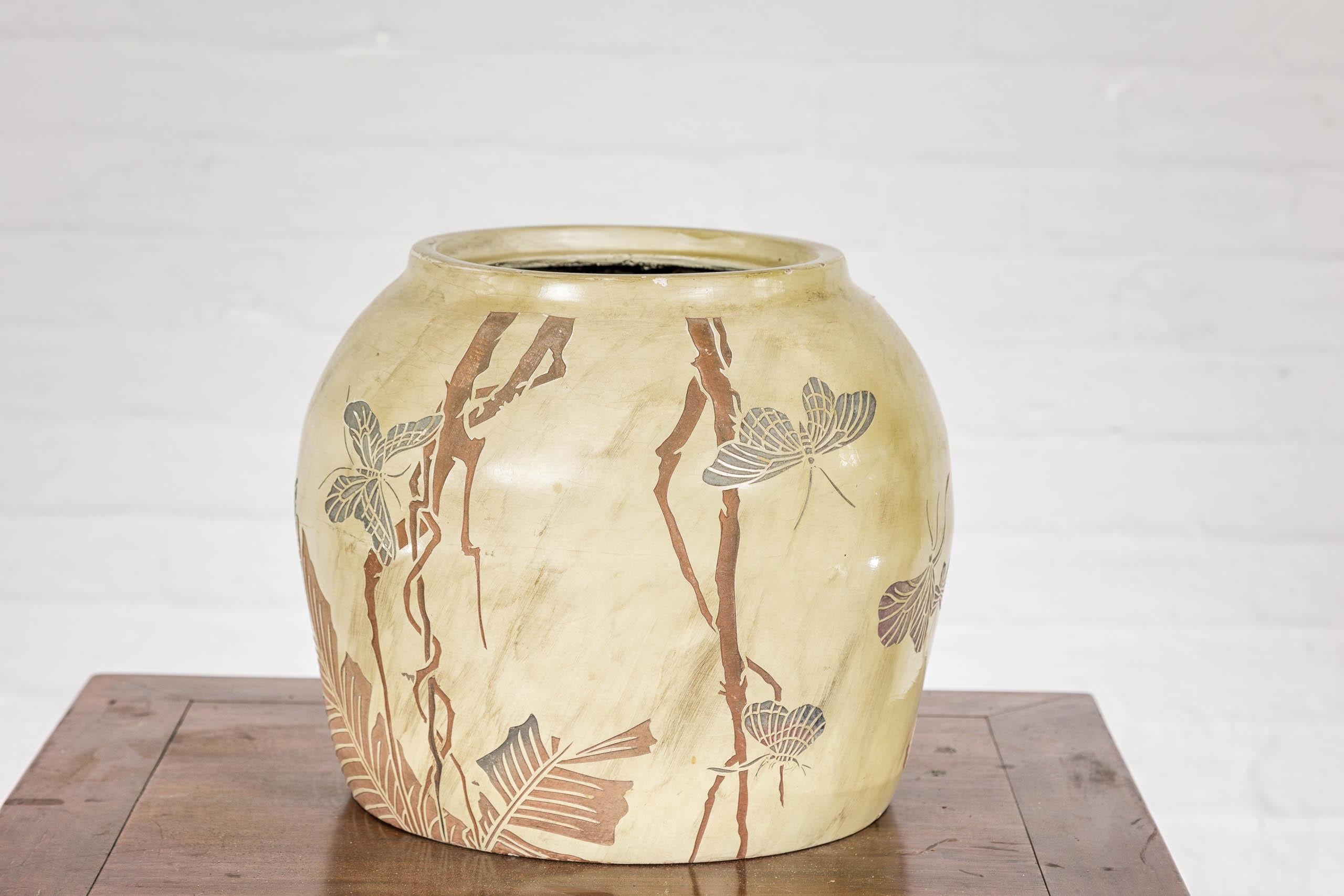 Japanese Antique Mustard Glaze Ceramic Planter with Incised Butterfly Decor For Sale 12