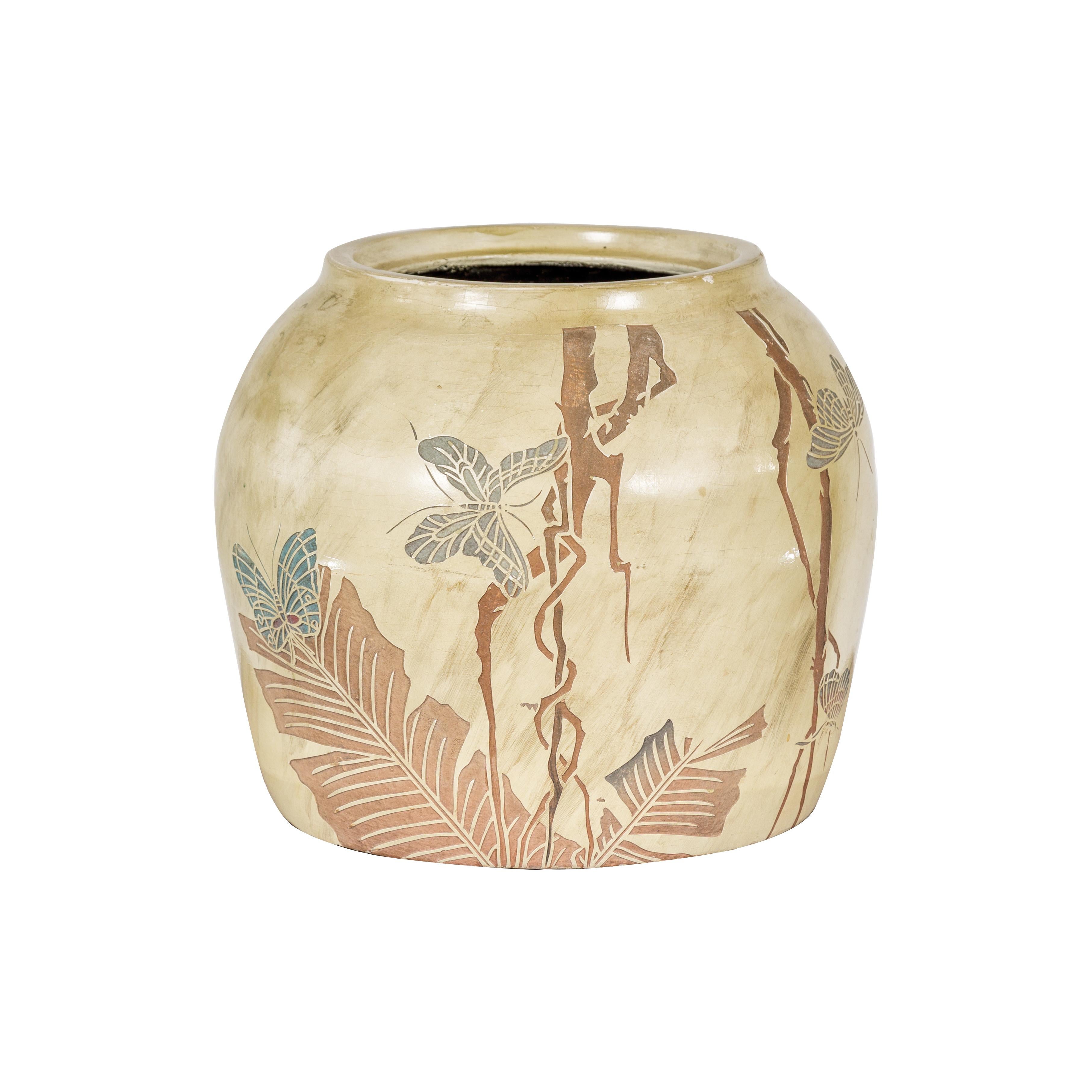 Japanese Antique Mustard Glaze Ceramic Planter with Incised Butterfly Decor For Sale 14