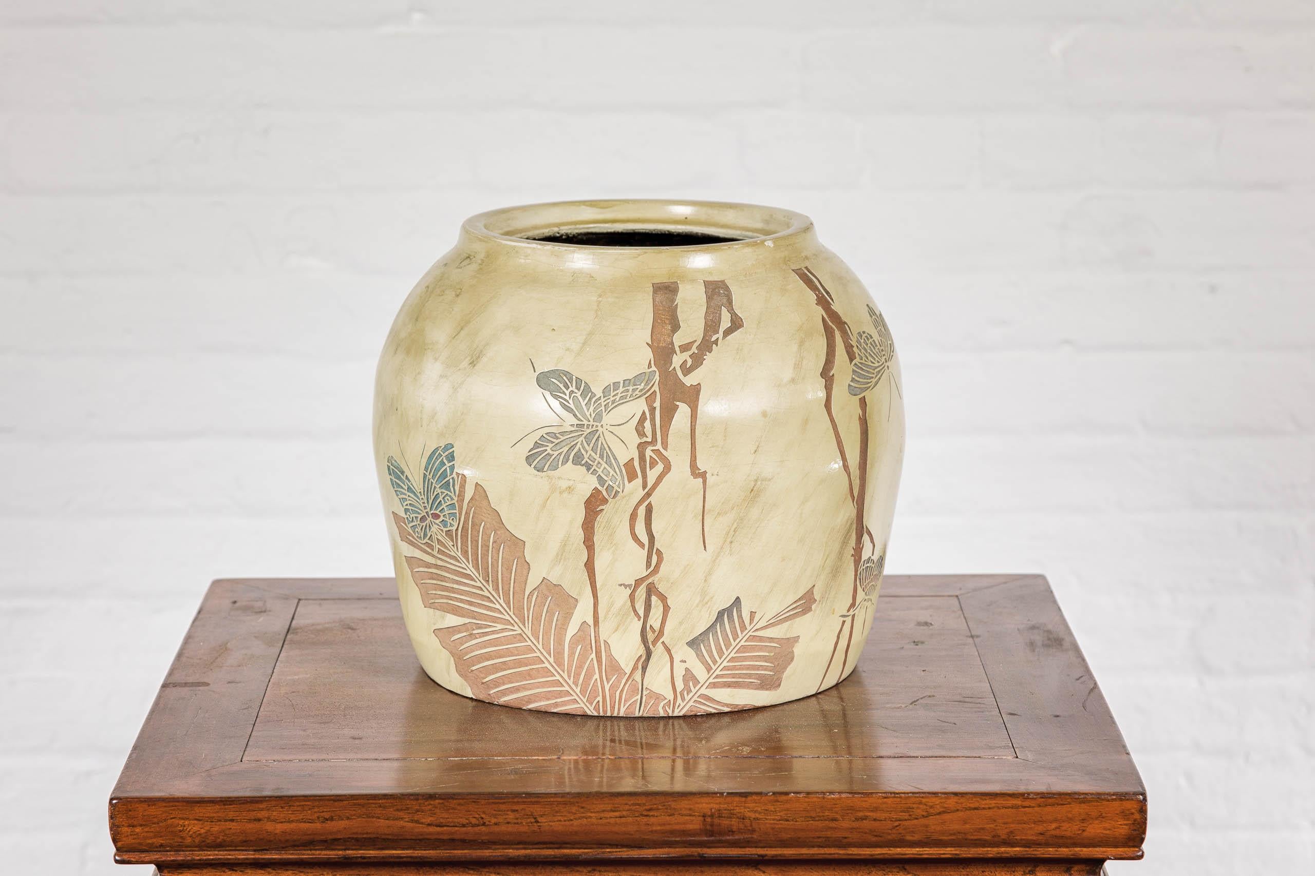 Carved Japanese Antique Mustard Glaze Ceramic Planter with Incised Butterfly Decor For Sale