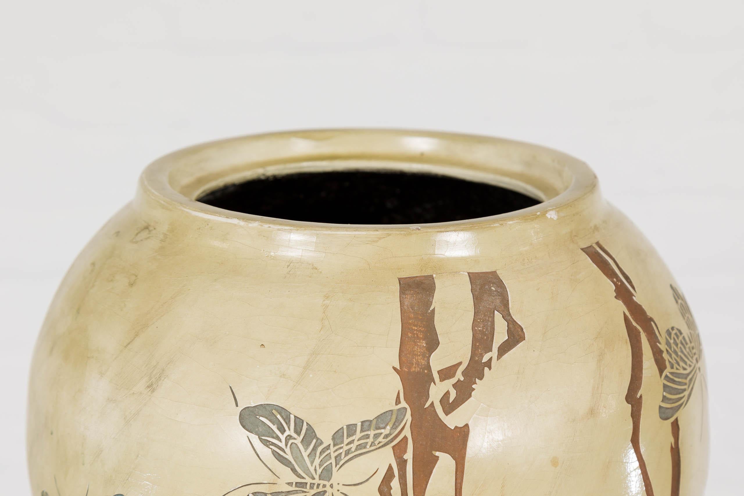 Japanese Antique Mustard Glaze Ceramic Planter with Incised Butterfly Decor In Good Condition For Sale In Yonkers, NY