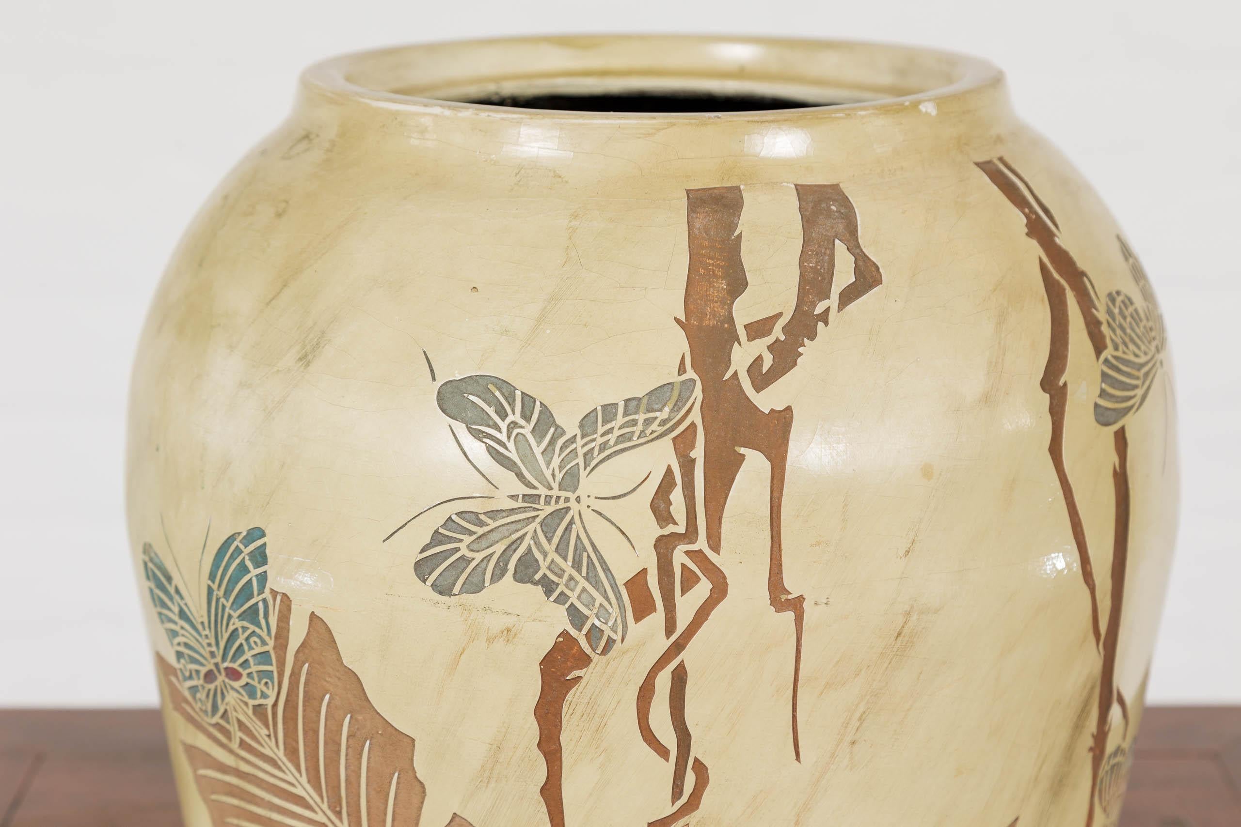 20th Century Japanese Antique Mustard Glaze Ceramic Planter with Incised Butterfly Decor For Sale