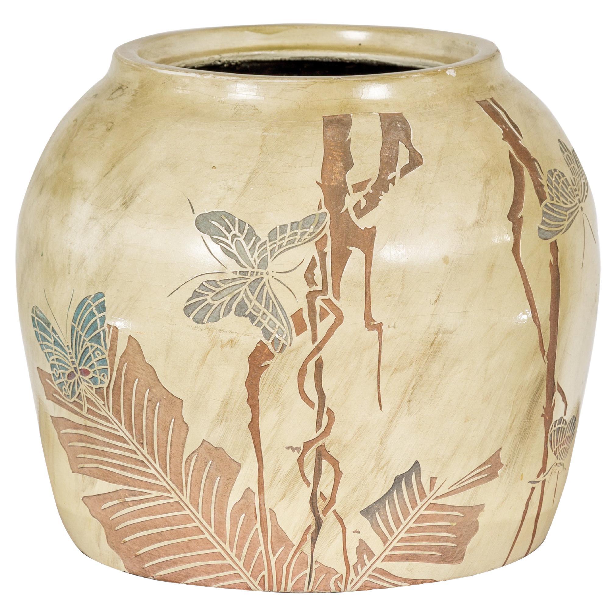 Japanese Antique Mustard Glaze Ceramic Planter with Incised Butterfly Decor For Sale