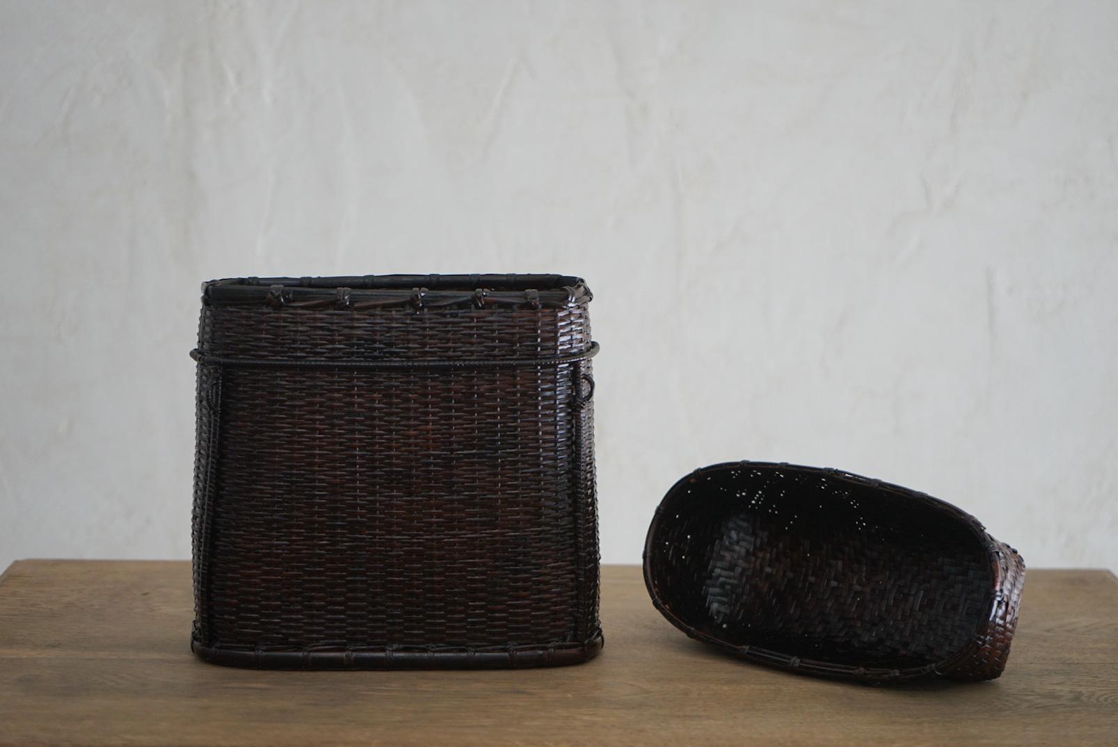 Japanese antique old Basket wabi-sabi folk art bamboo knitting 1