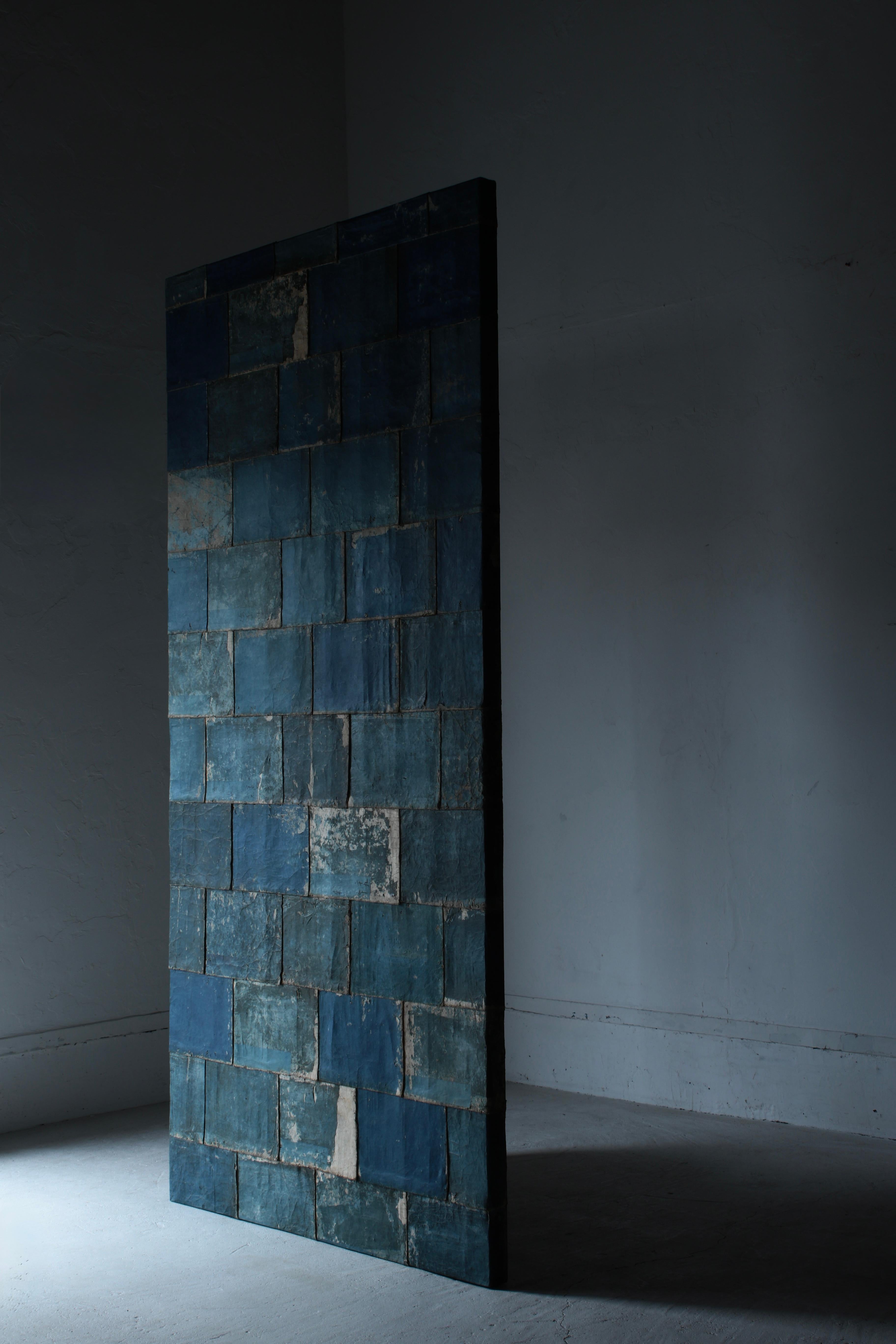 Meiji Japanese Antique Old Japanese Paper Art / Wall Decoration / Wabi-sabi【Blue】 For Sale