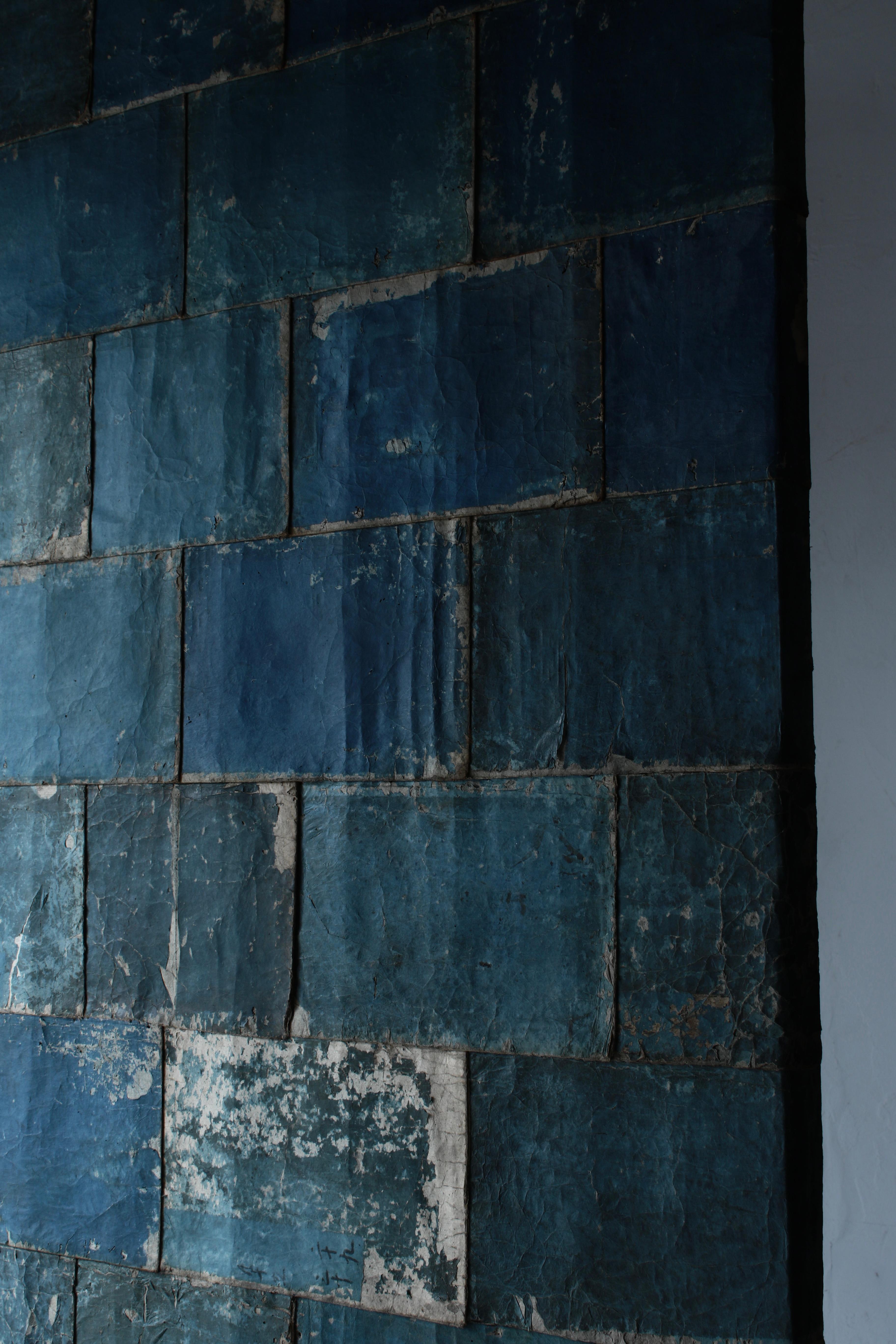 Japanese Antique Old Japanese Paper Art / Wall Decoration / Wabi-sabi【Blue】 In Good Condition For Sale In Iwate-gun Shizukuishi-cho, Iwate Prefecture