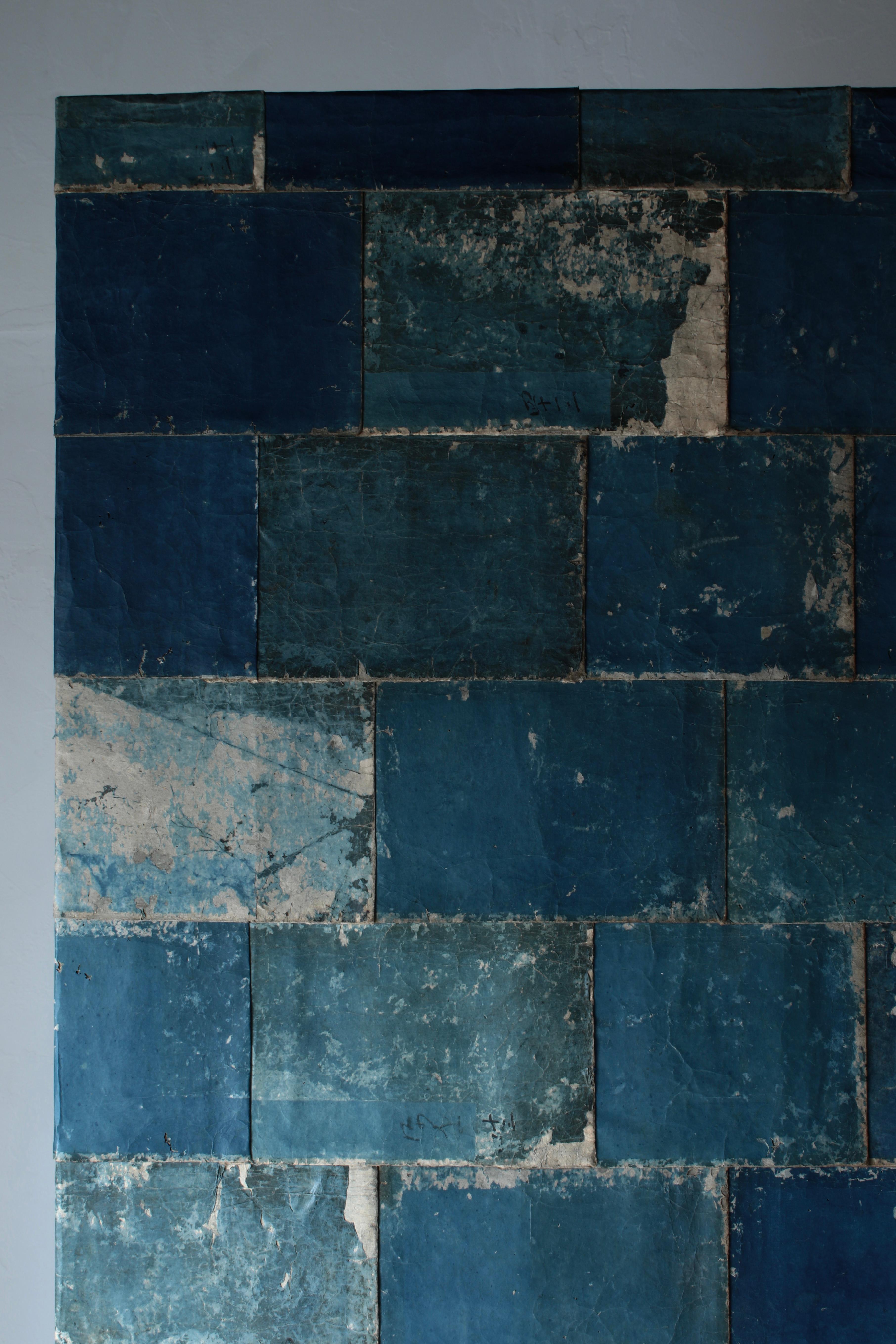 19th Century Japanese Antique Old Japanese Paper Art / Wall Decoration / Wabi-sabi【Blue】 For Sale