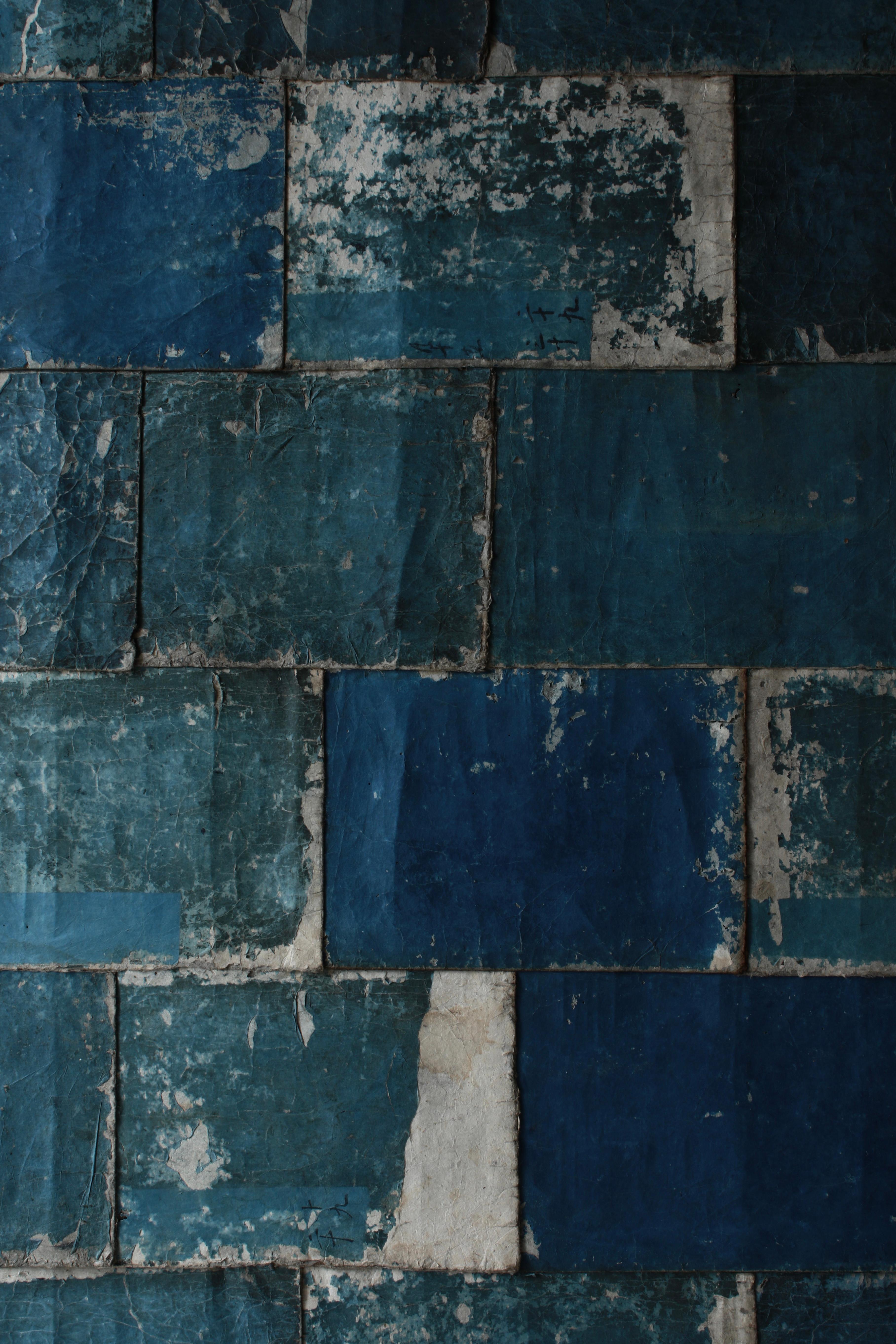 Wood Japanese Antique Old Japanese Paper Art / Wall Decoration / Wabi-sabi【Blue】 For Sale