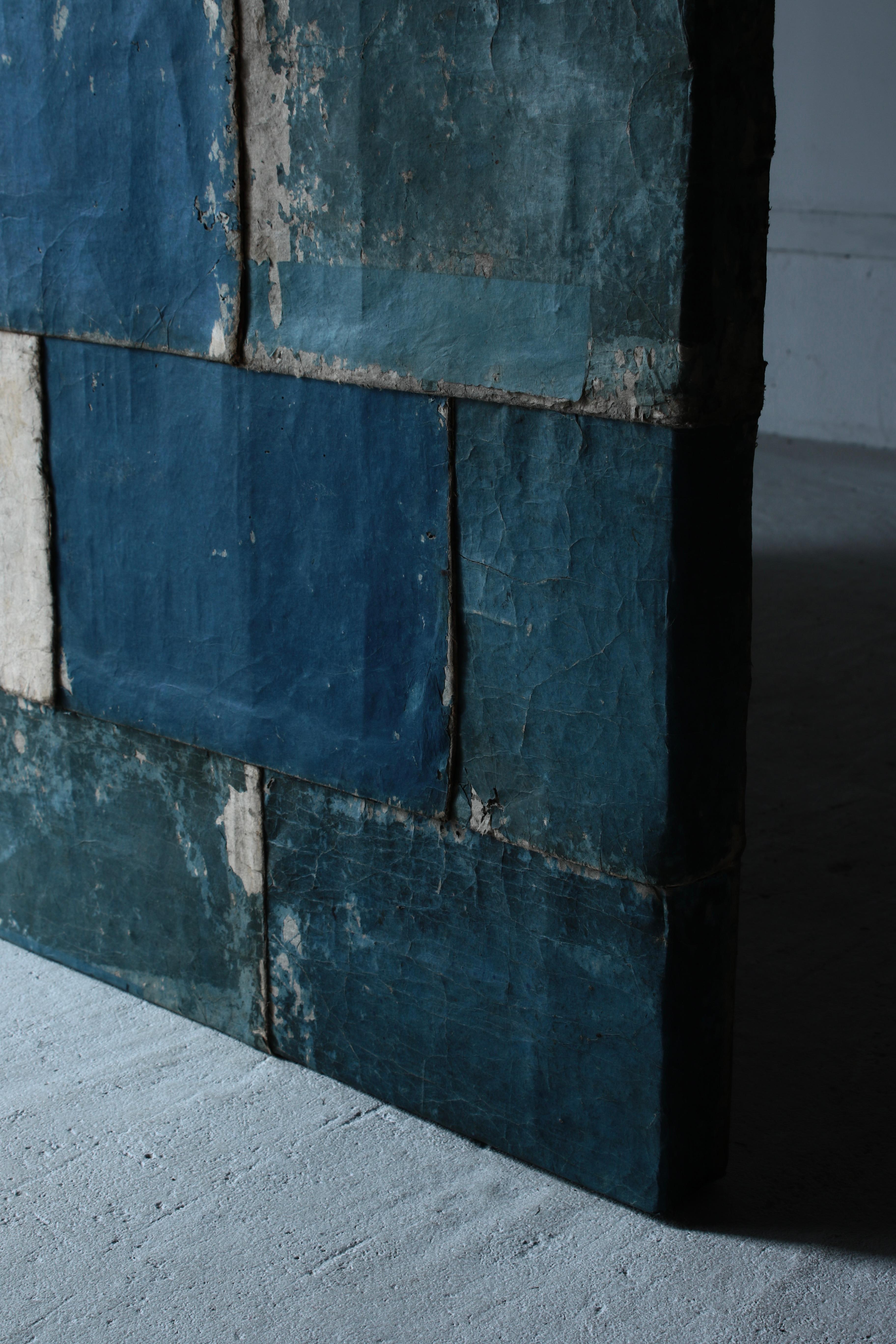 Japanese Antique Old Japanese Paper Art / Wall Decoration / Wabi-sabi【Blue】 For Sale 2