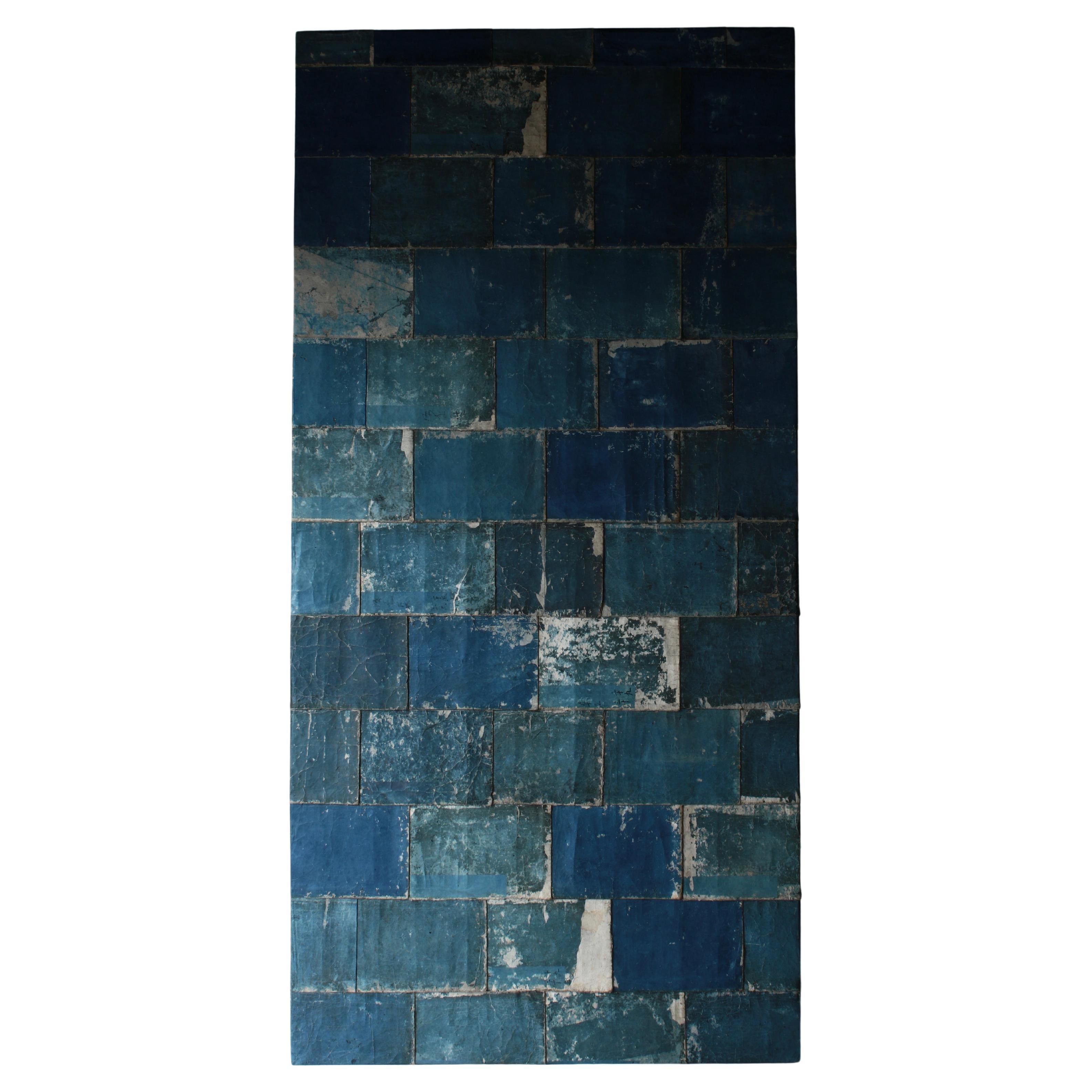 Japanese Antique Old Japanese Paper Art / Wall Decoration / Wabi-sabi【Blue】 For Sale